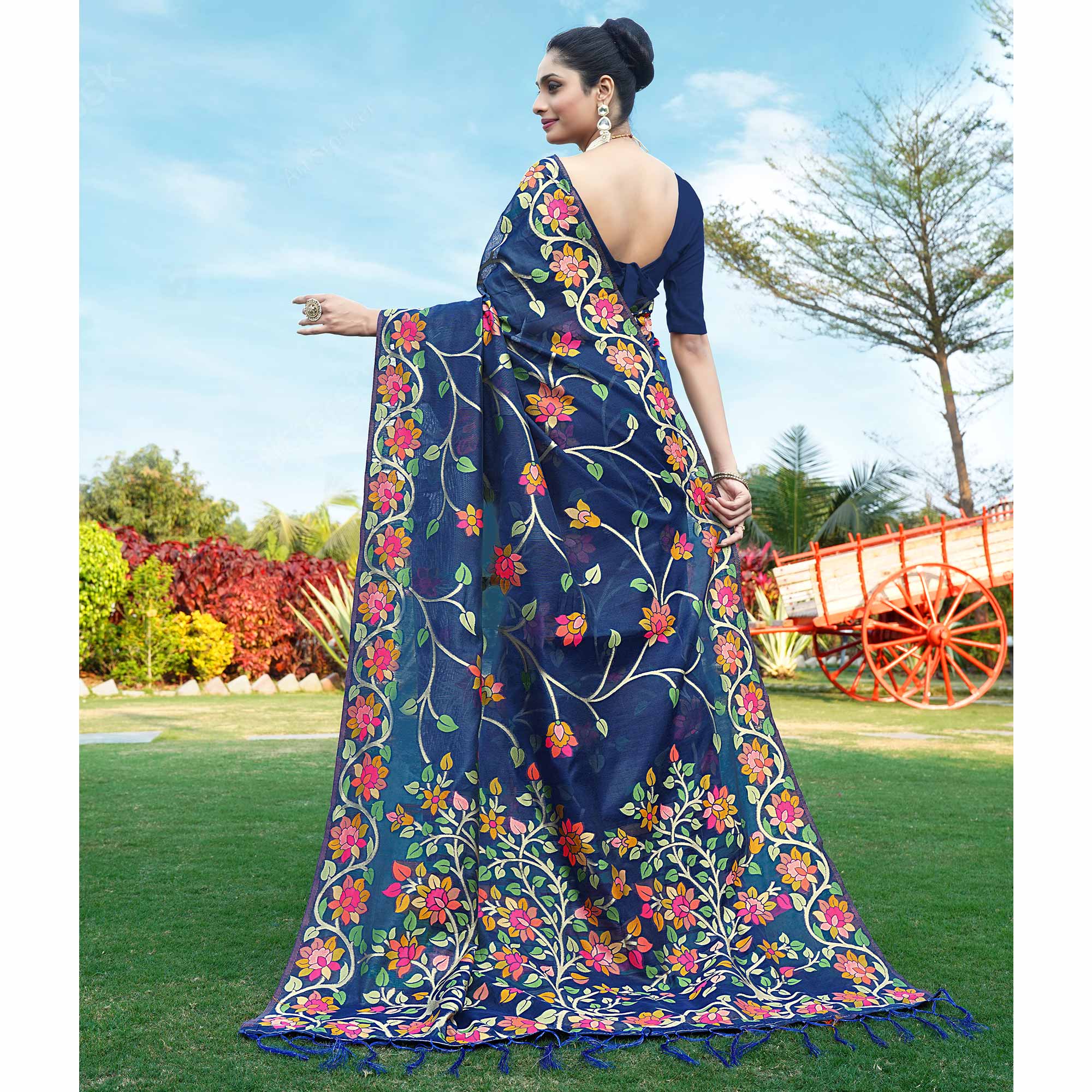 Navy Blue Floral Woven Cotton Silk Saree With Tassels