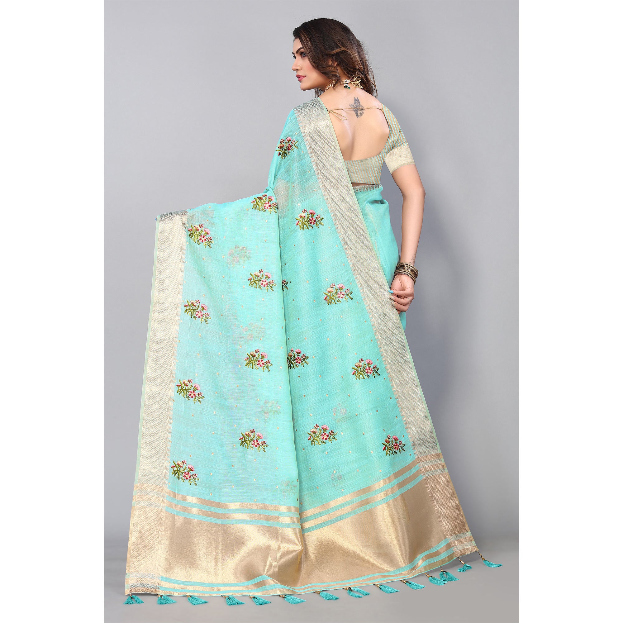 Sky Blue Floral Embroidered Cotton Silk Saree With Zari Border