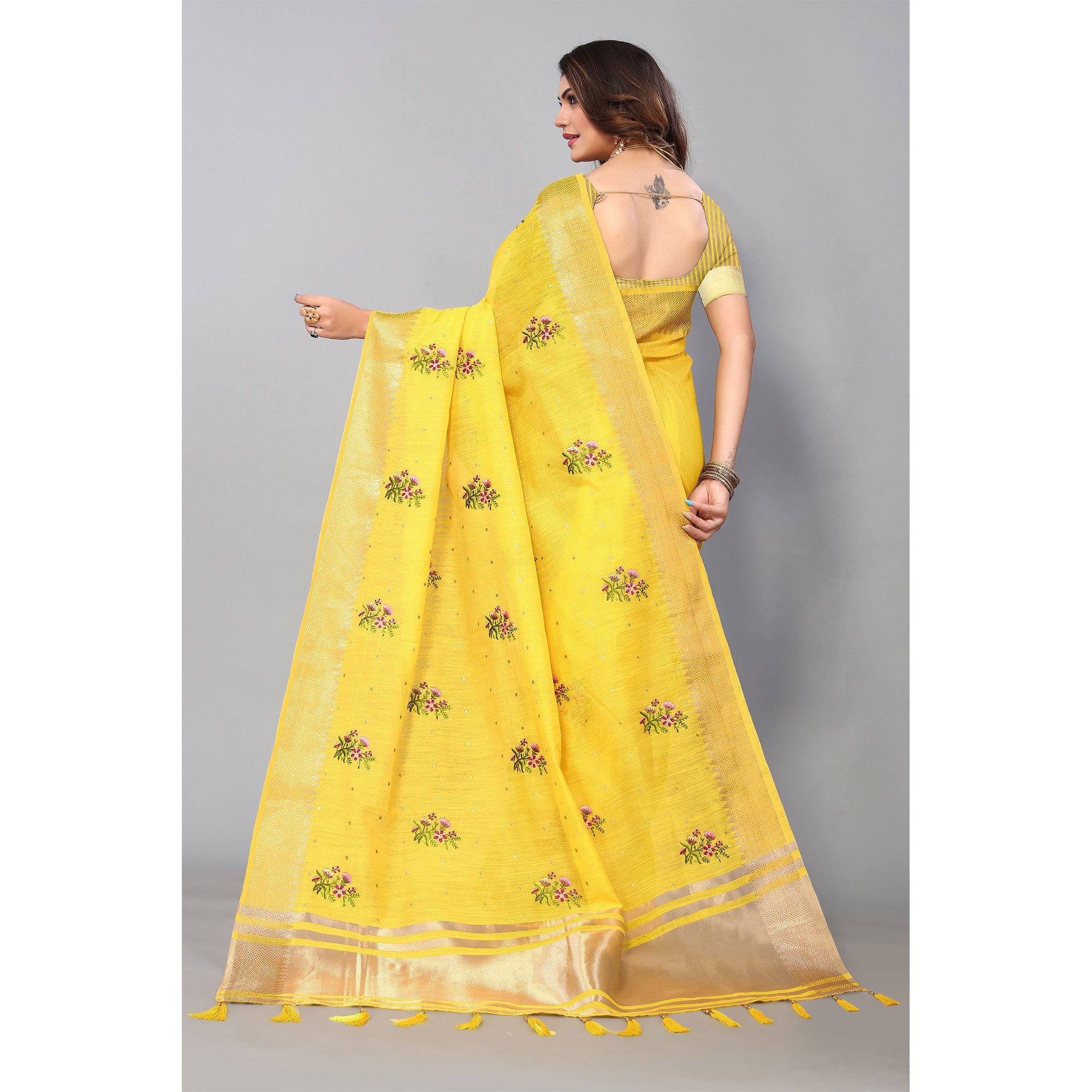 Yellow Floral Embroidered Cotton Silk Saree With Zari Border