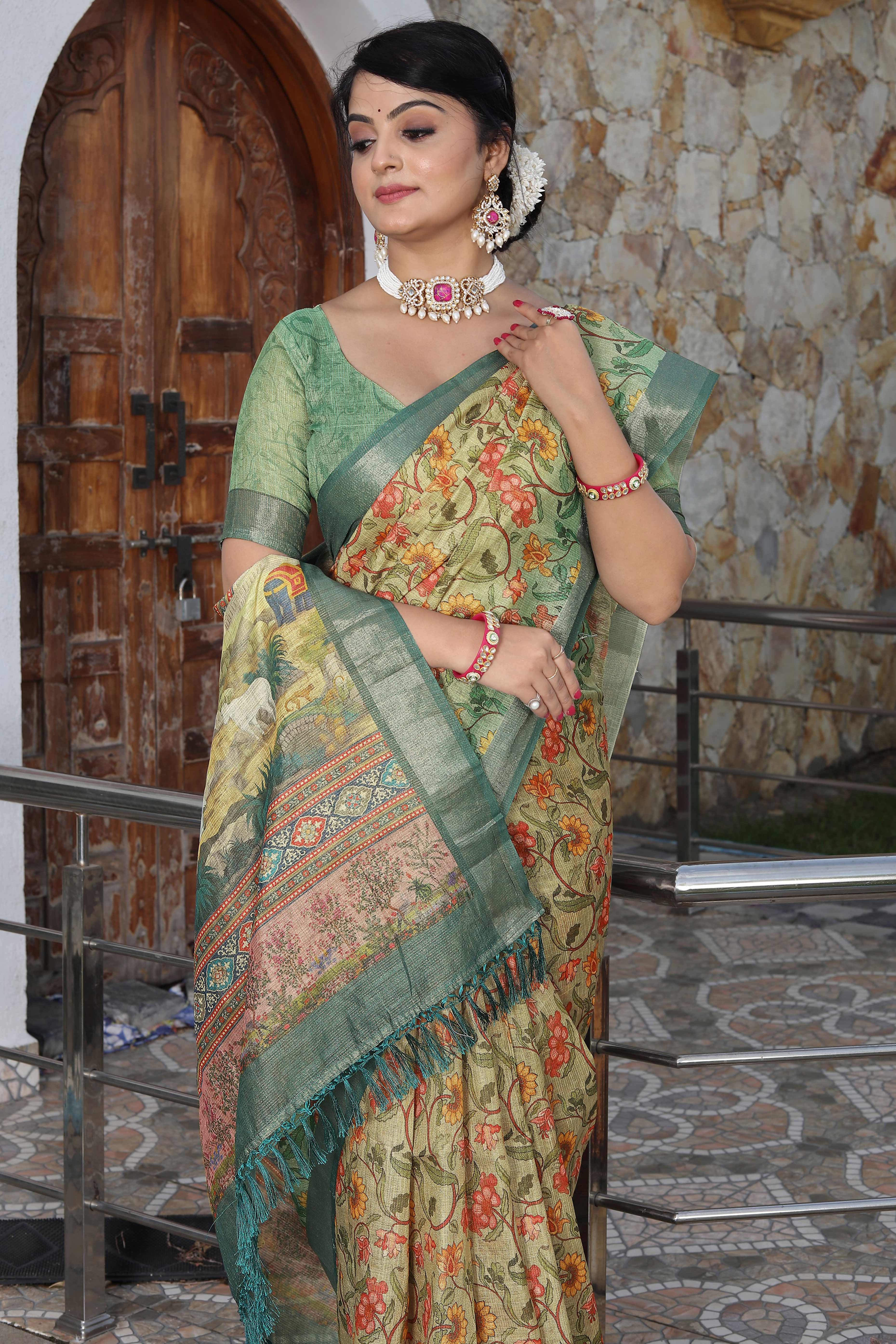 Beautiful Sage Green Tissue Handloom Saree with Detailed Digital Floral Embellishments