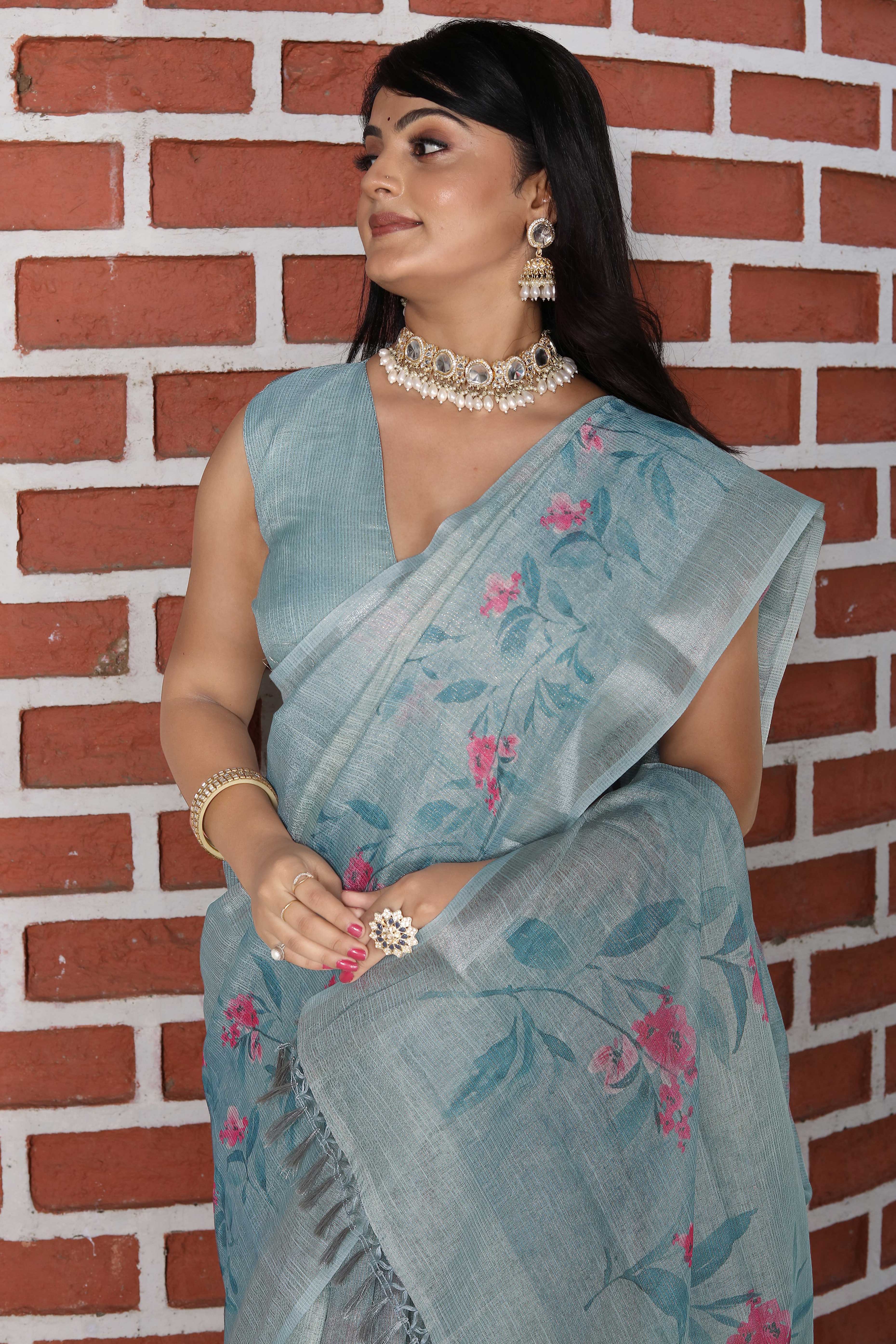 Beautiful Sky Blue Tissue Handloom Saree with Digital Floral Embellishments
