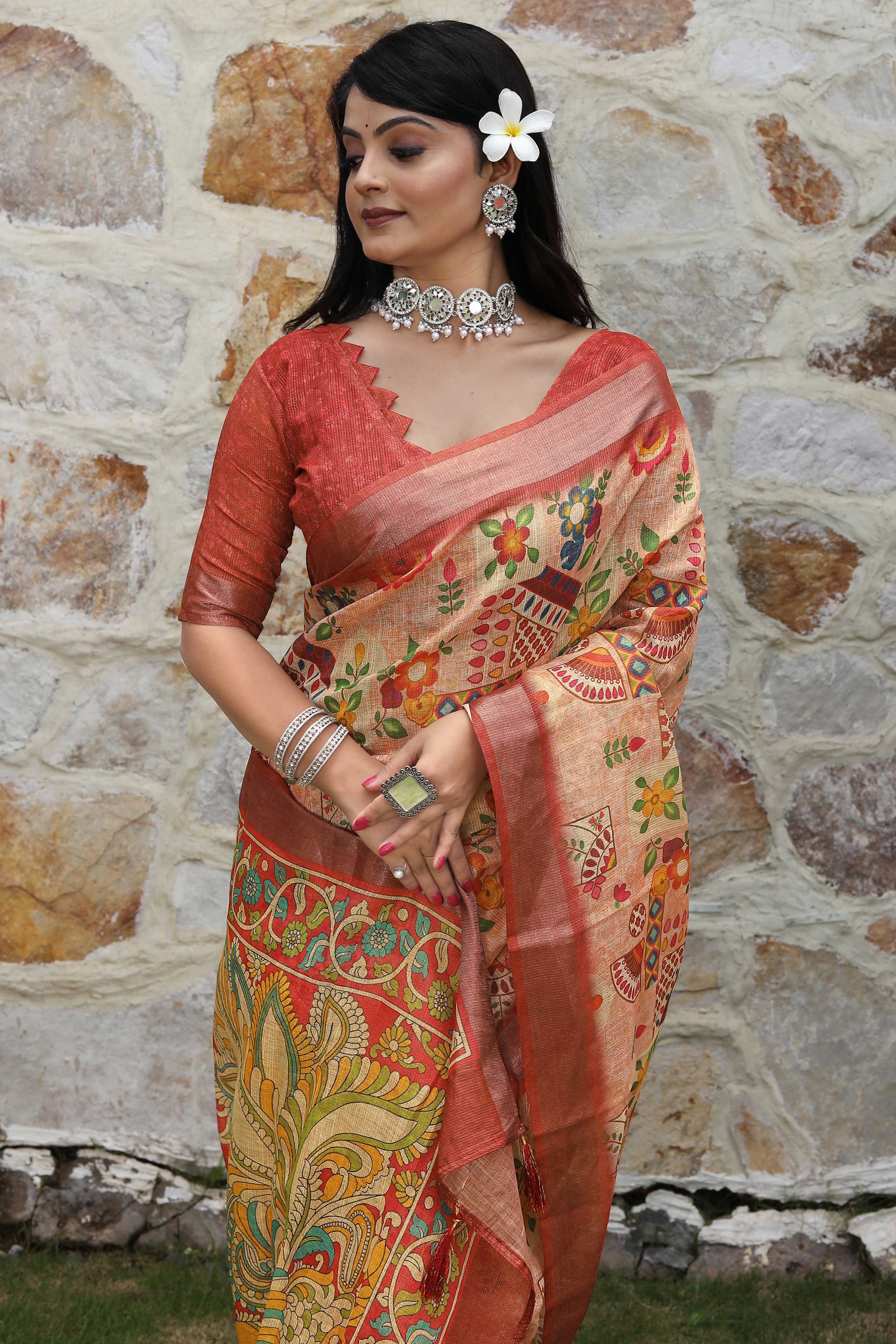 Beautiful Peach Tissue Handloom Saree with Detailed Digital Floral Embellishments