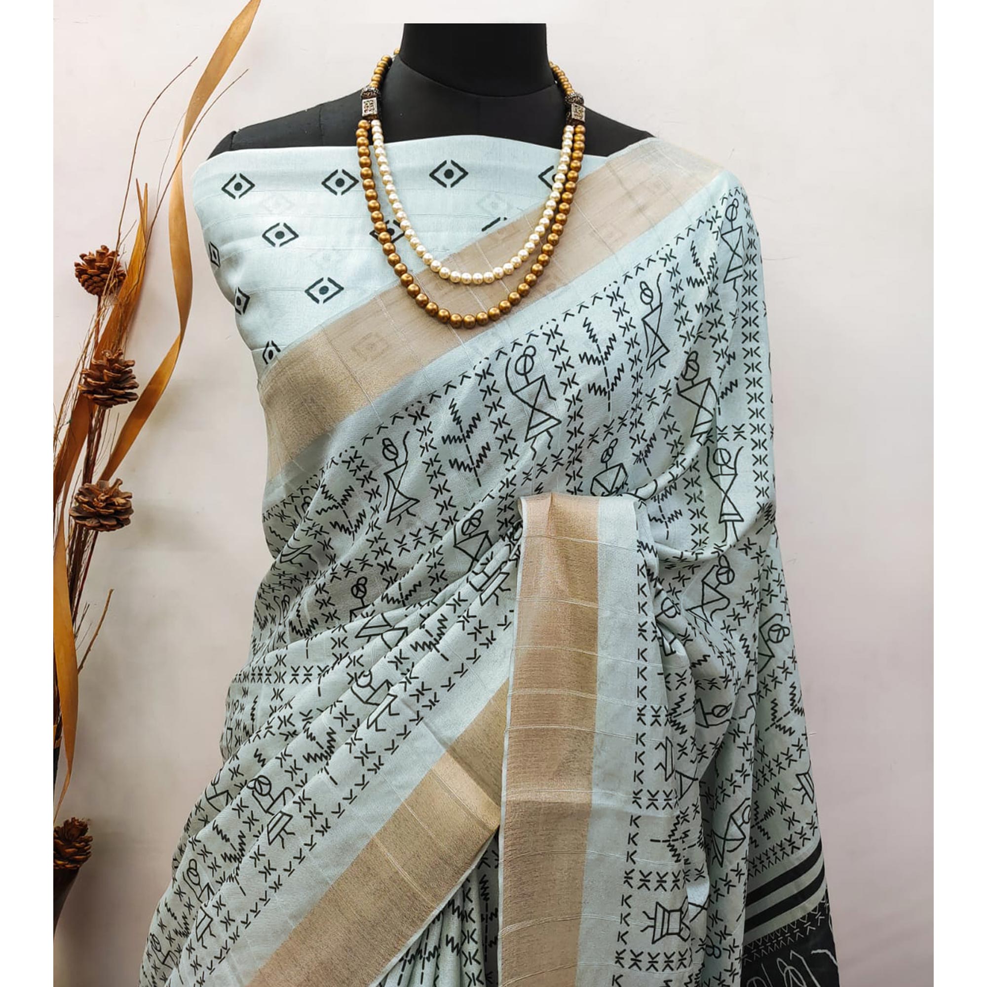 Grey Digital Printed Dola Silk Saree With Jacquard Zari Border