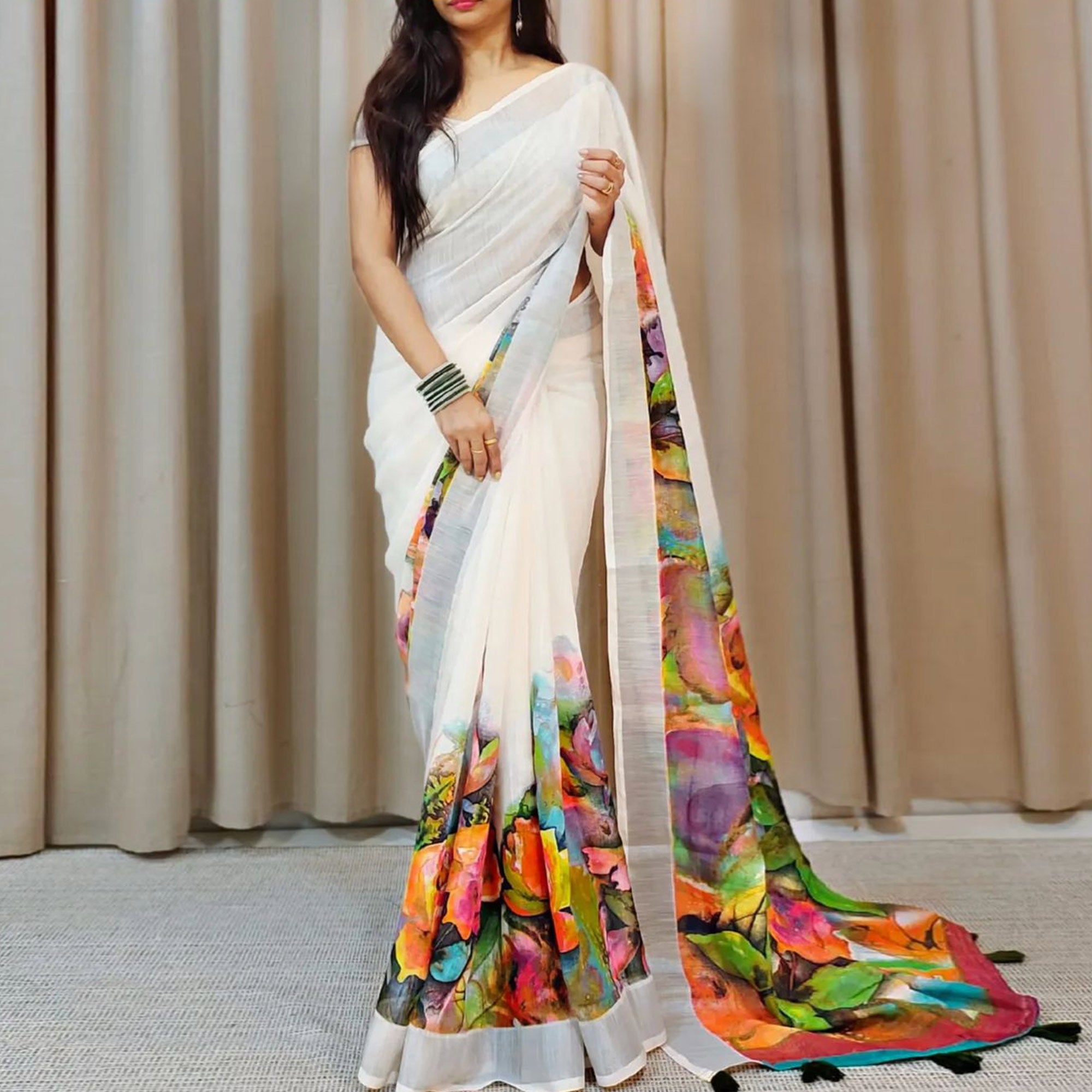 White Floral Digital Printed Linen Saree