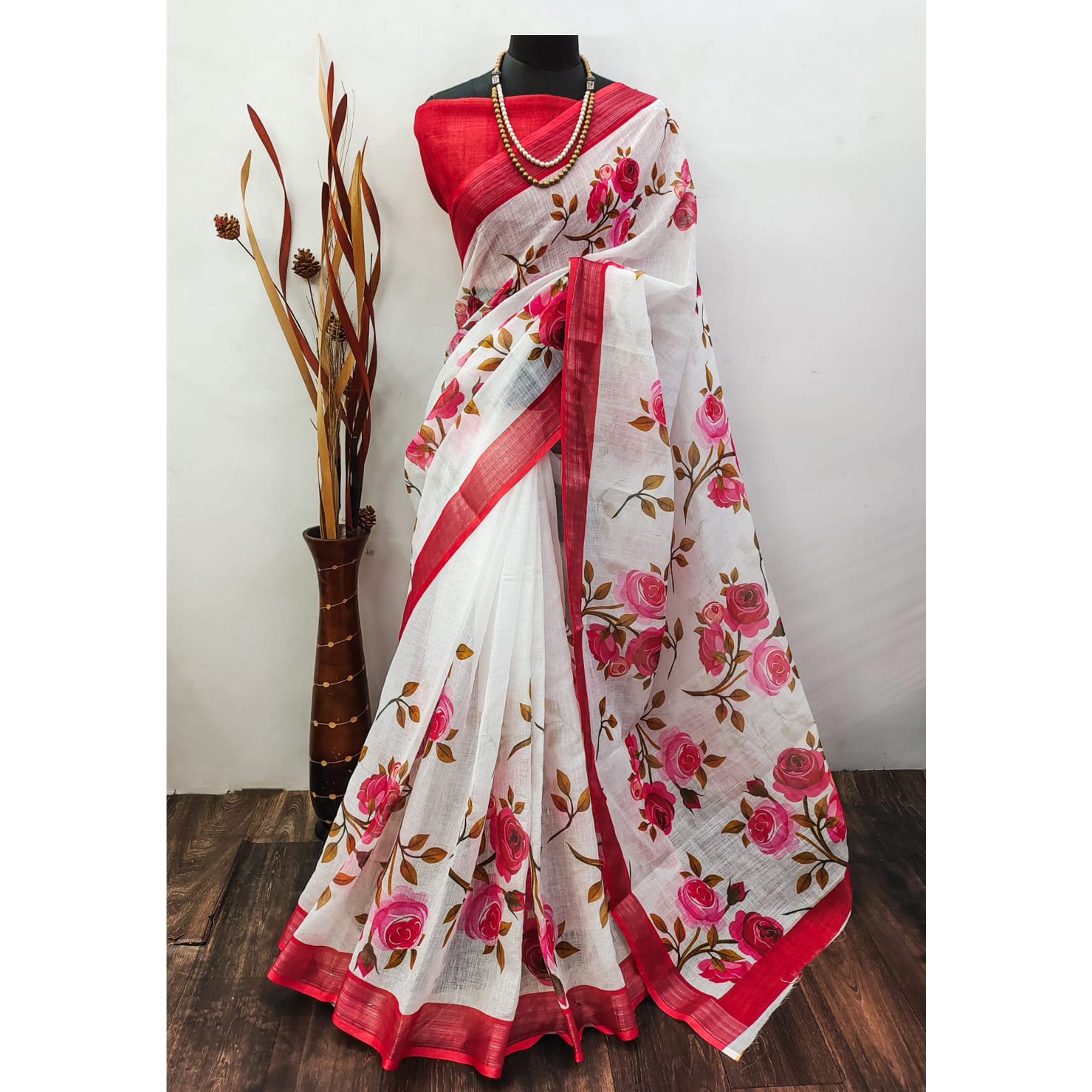 White Floral Digital Printed Linen Saree