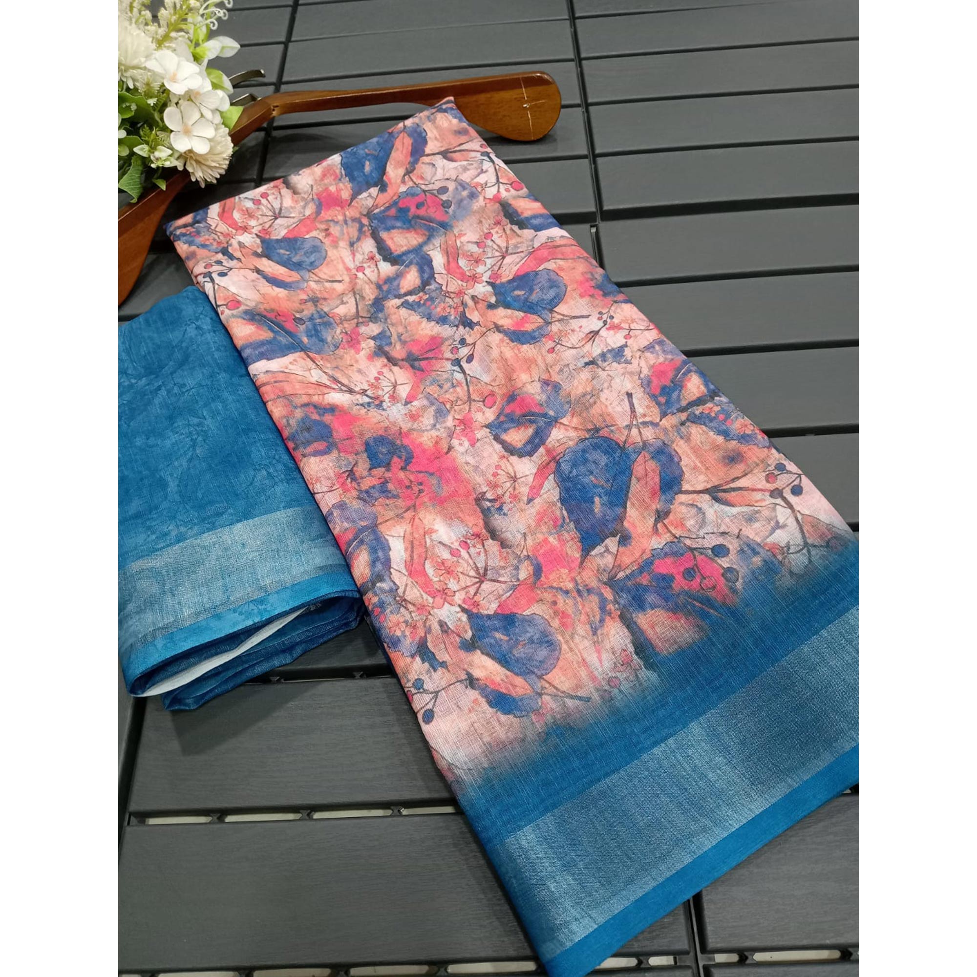 Peach & Blue Floral Printed Linen Saree