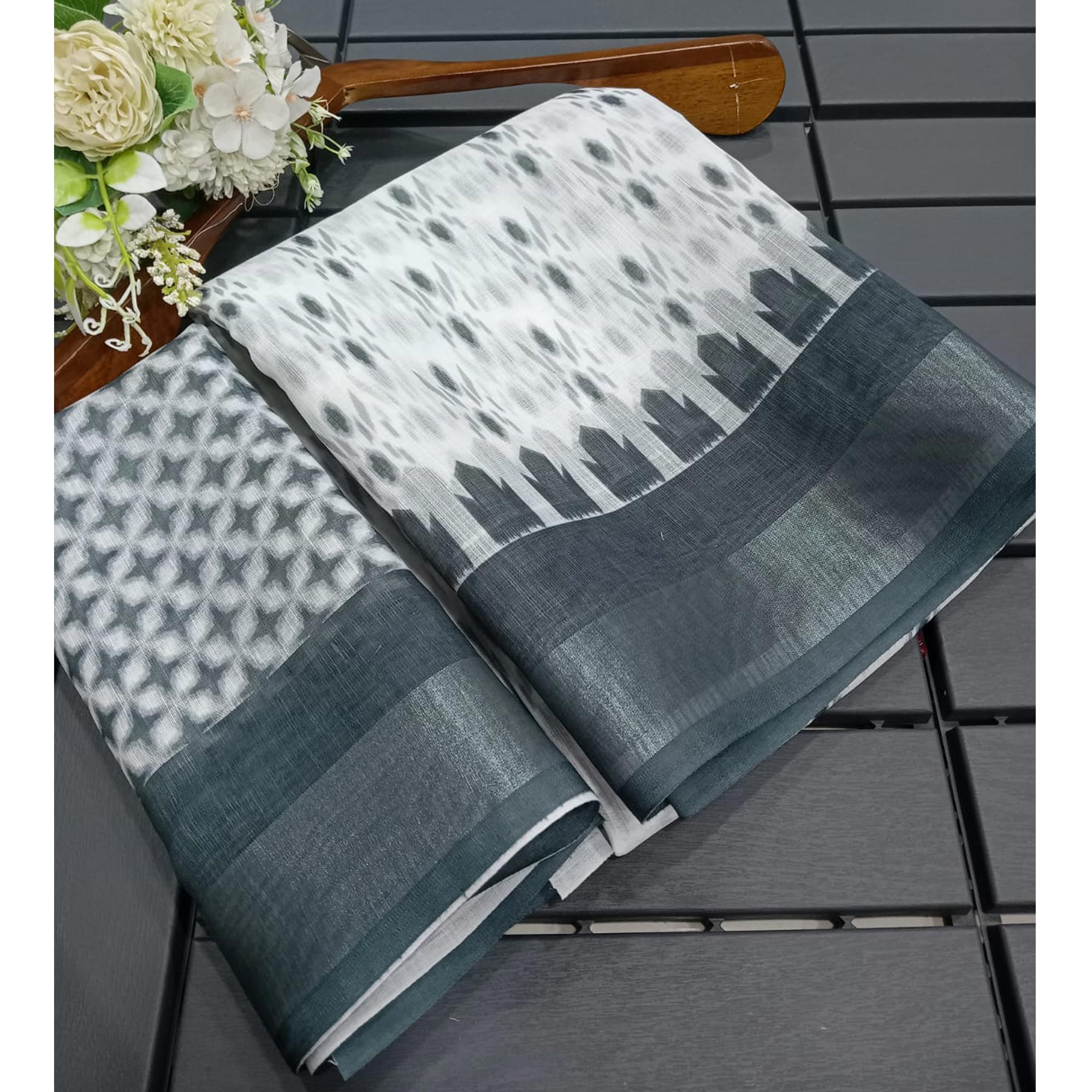 White & Grey Ikkat Printed Linen Saree