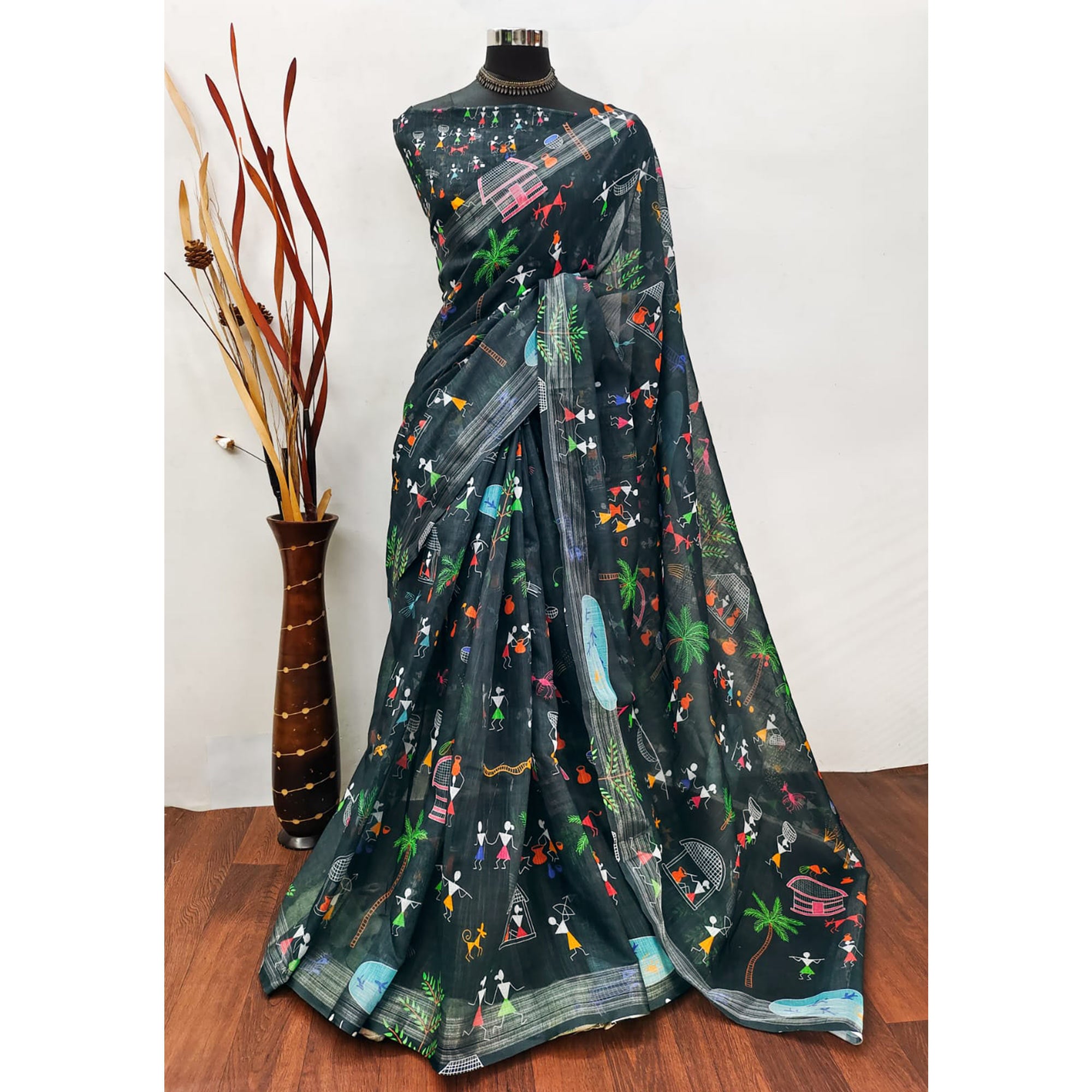 Black Digital Printed Linen Saree