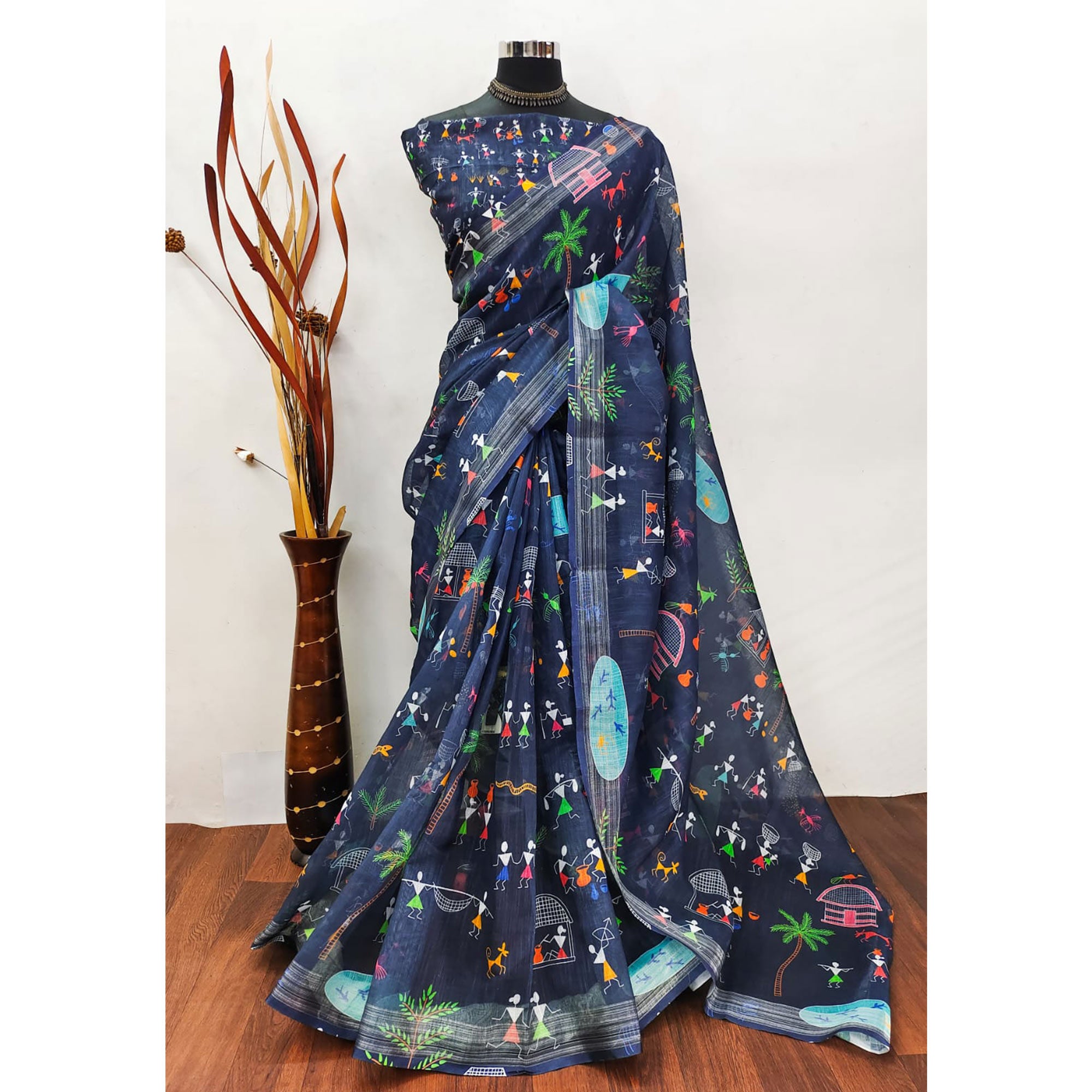 Blue Digital Printed Linen Saree