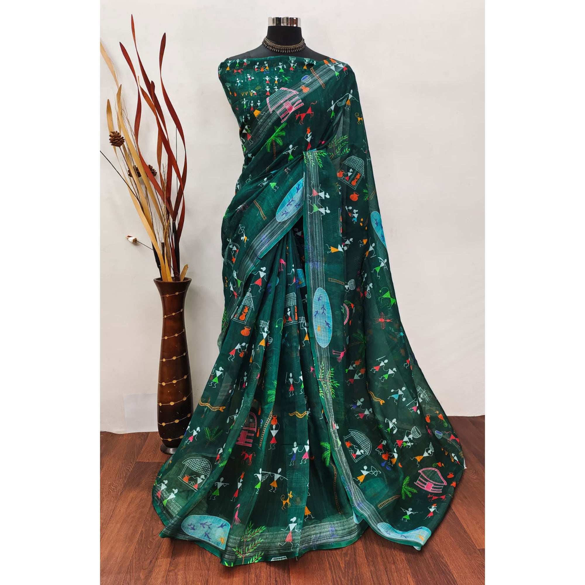 Green Digital Printed Linen Saree