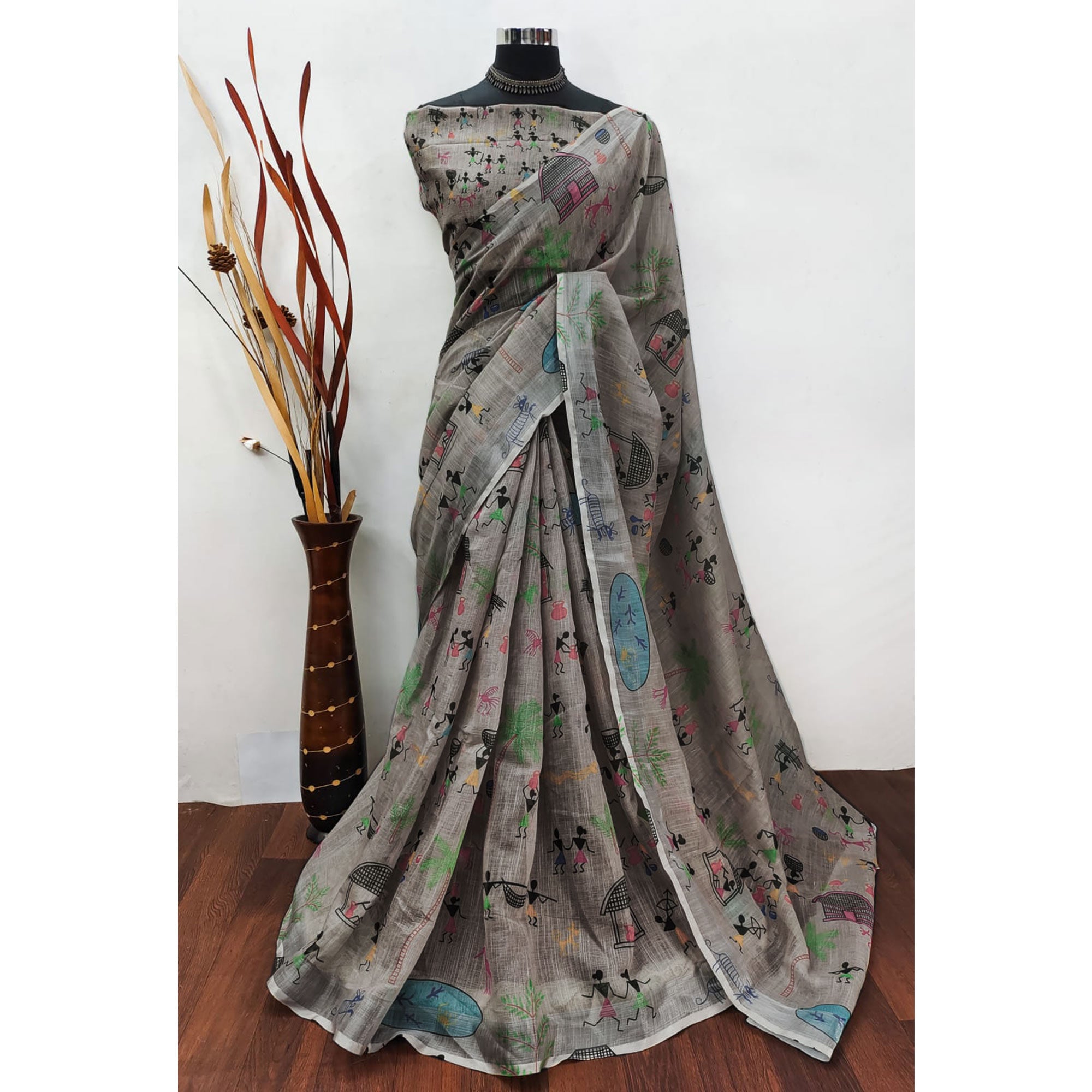 Grey Digital Printed Linen Saree