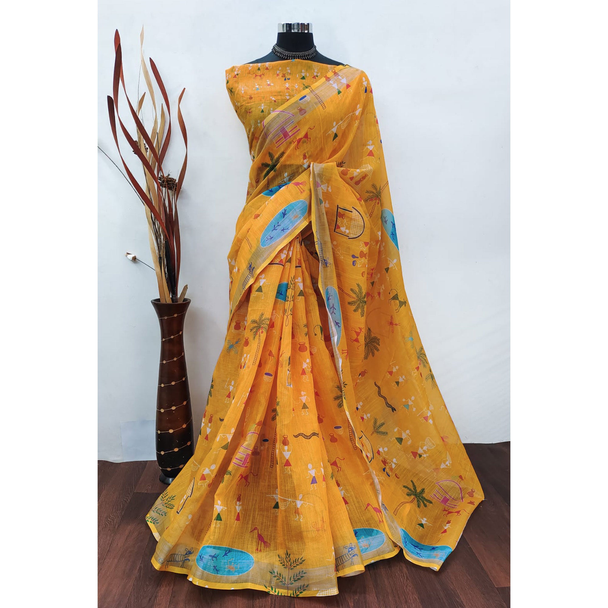 Yellow Digital Printed Linen Saree