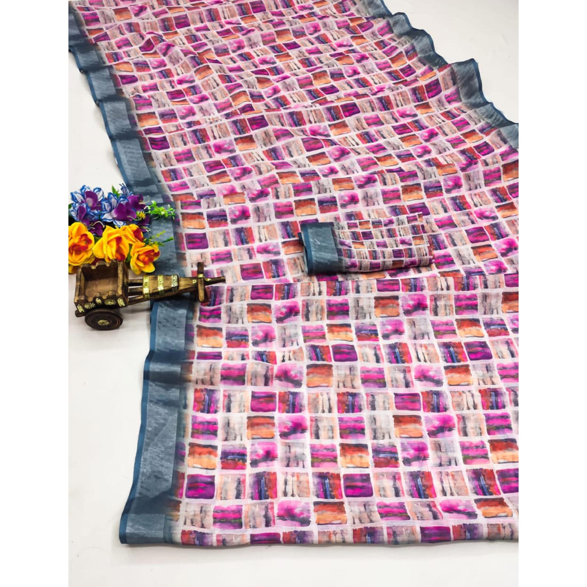 Multicolor Digital Printed Linen Saree