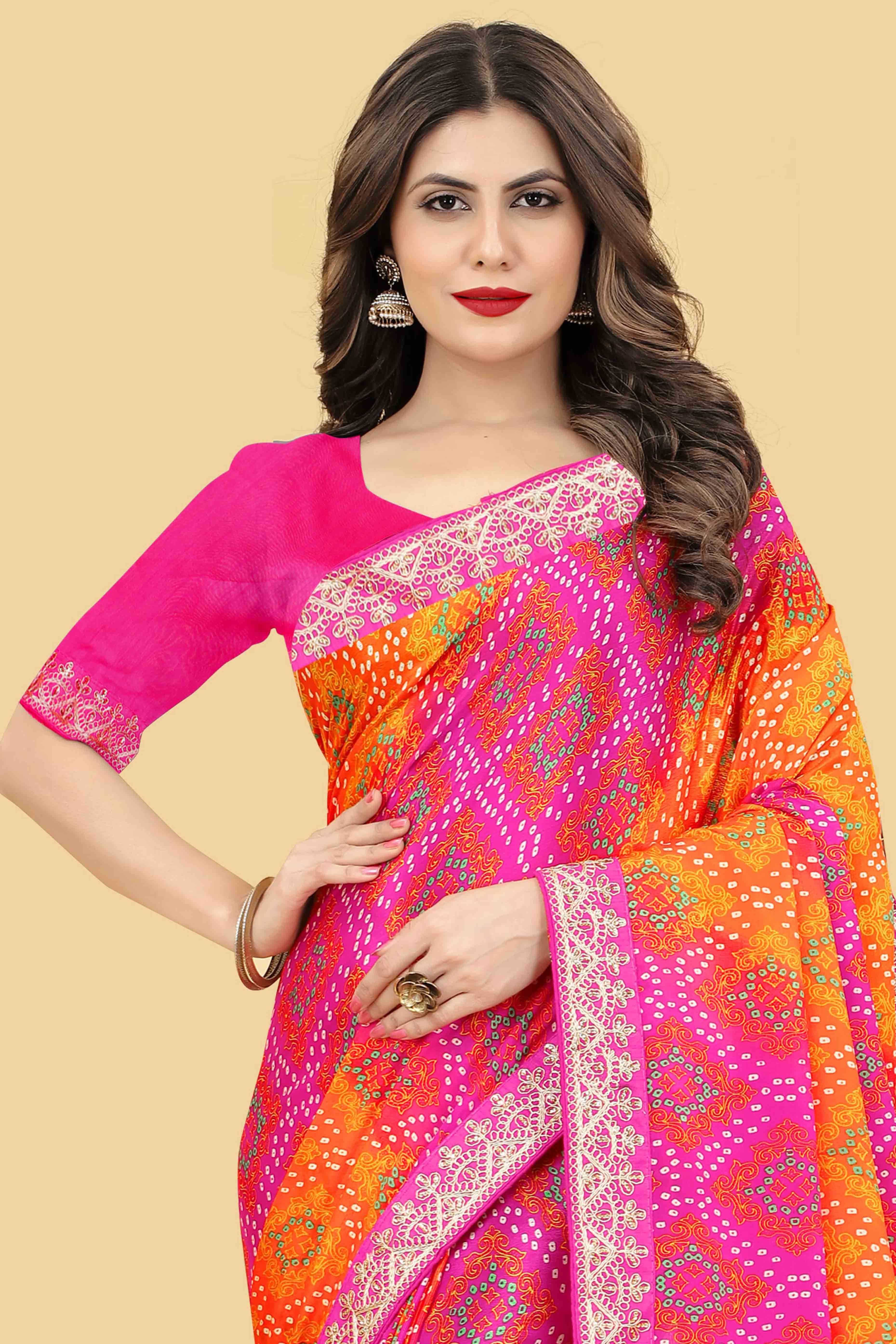 Pink & Orange Bandhani Printed Chinon Saree