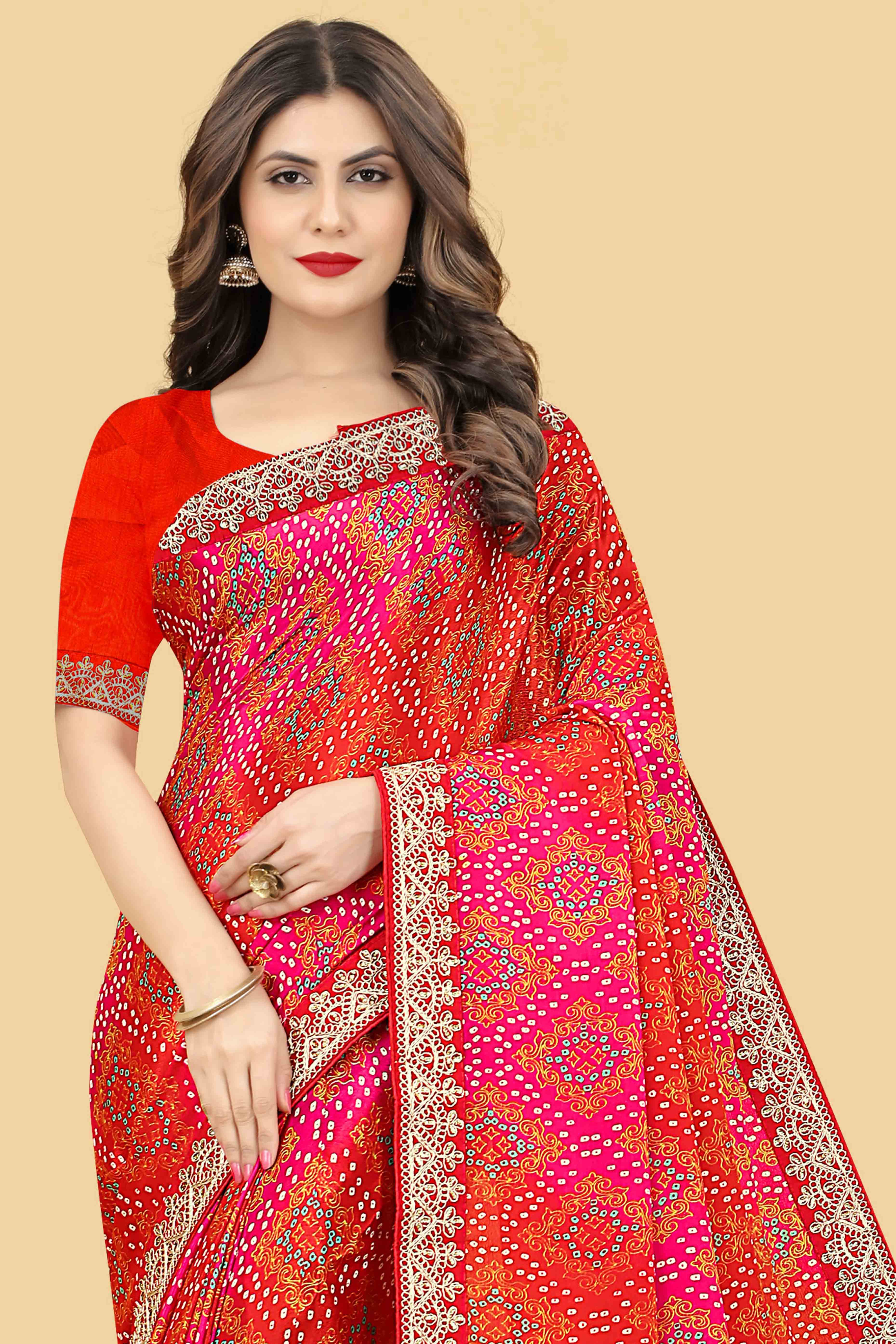Red Bandhani Printed Chinon Saree