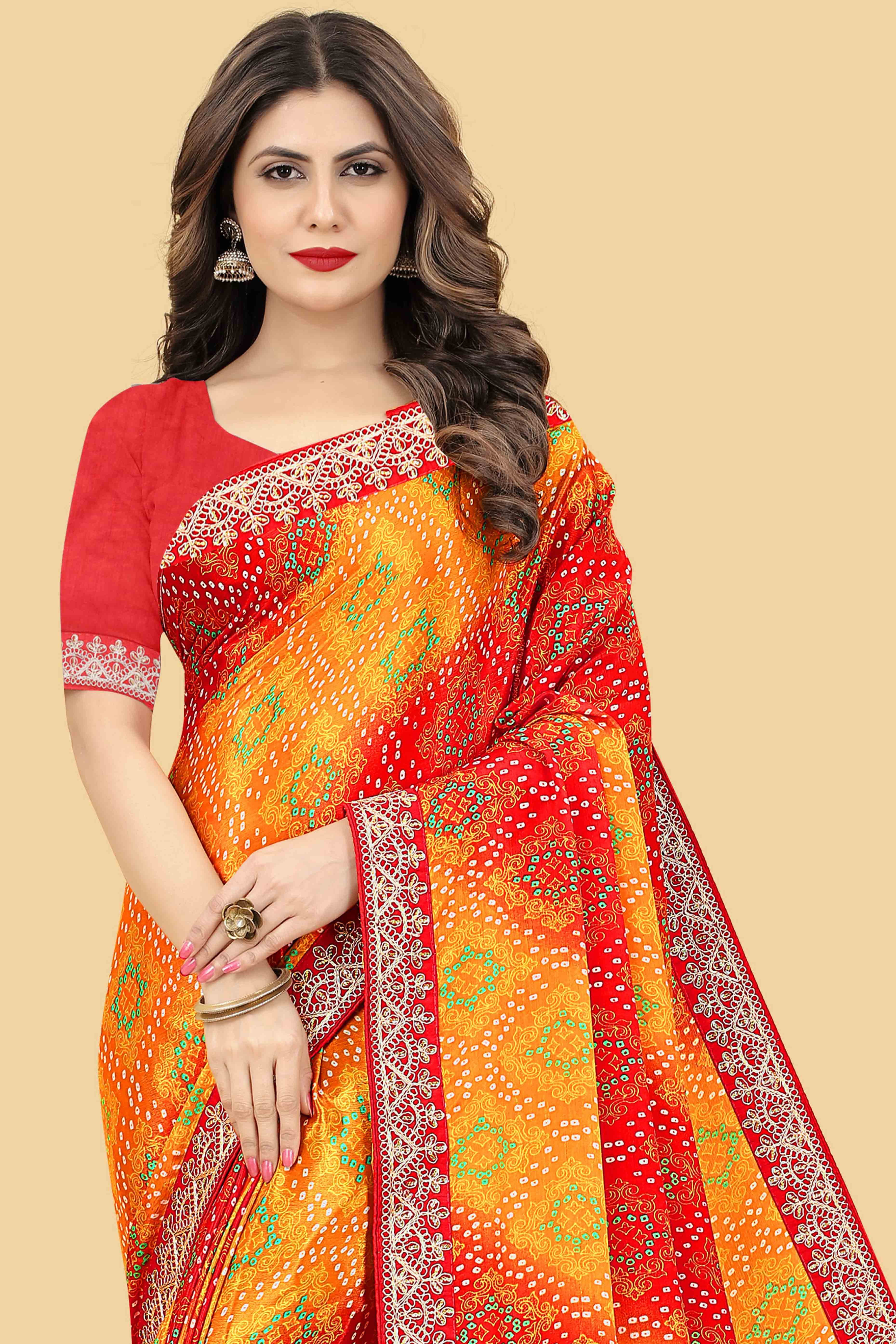 Red & Orange Bandhani Printed Chinon Saree