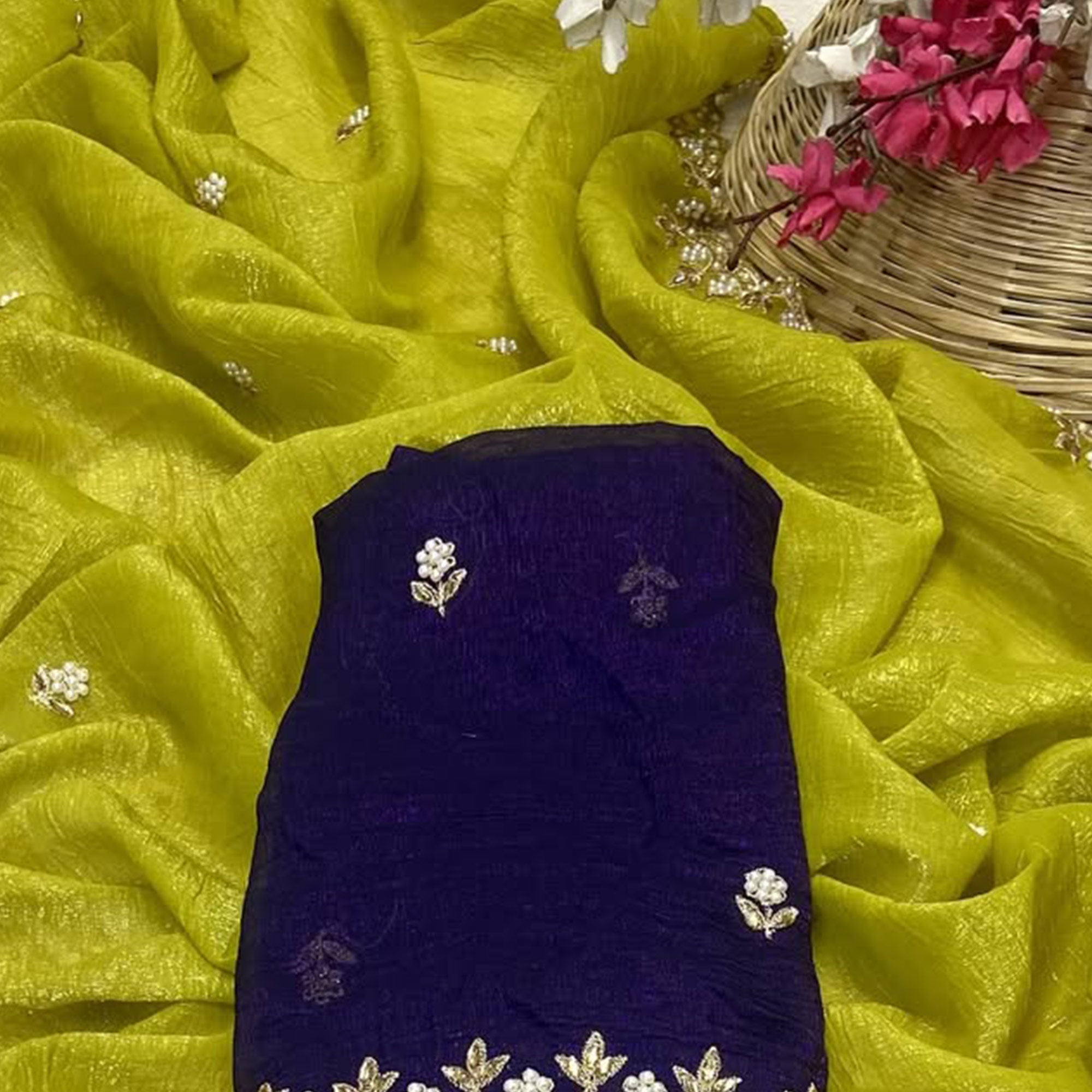 Lime Green Crunchy Chiffon Saree with Elegant Embroidery and Pearl Embellishments