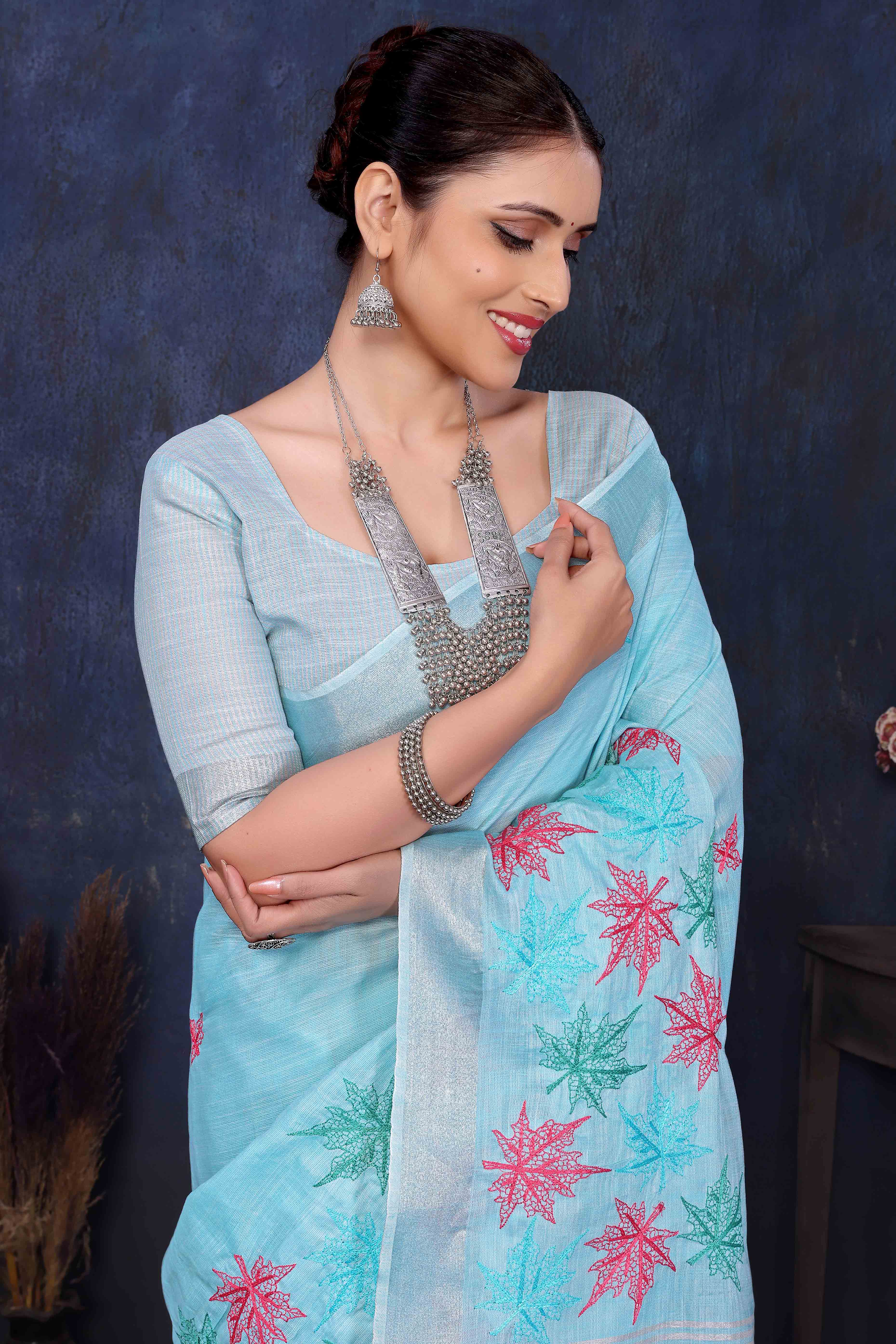 Sky Blue Floral Embroidered Cotton Silk Saree