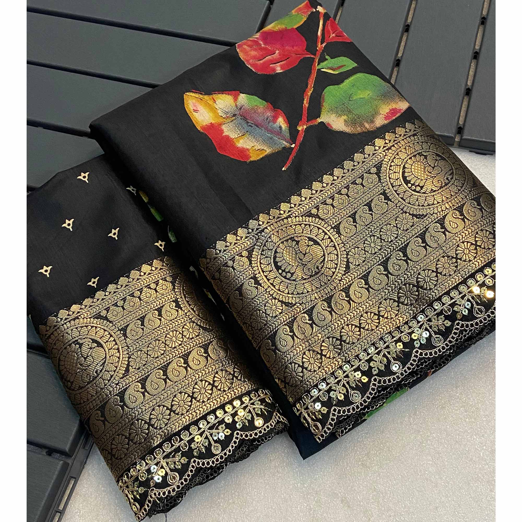 Black Floral Printed Dola Silk Saree With Woven Border