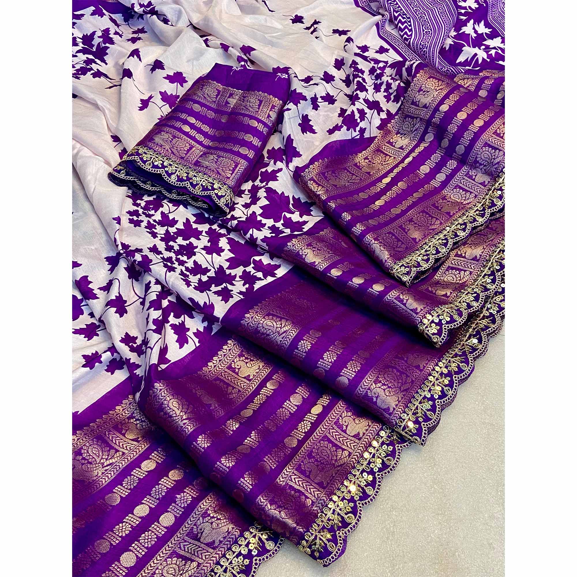 Purple & White Floral Printed Dola Silk Saree With Woven Border