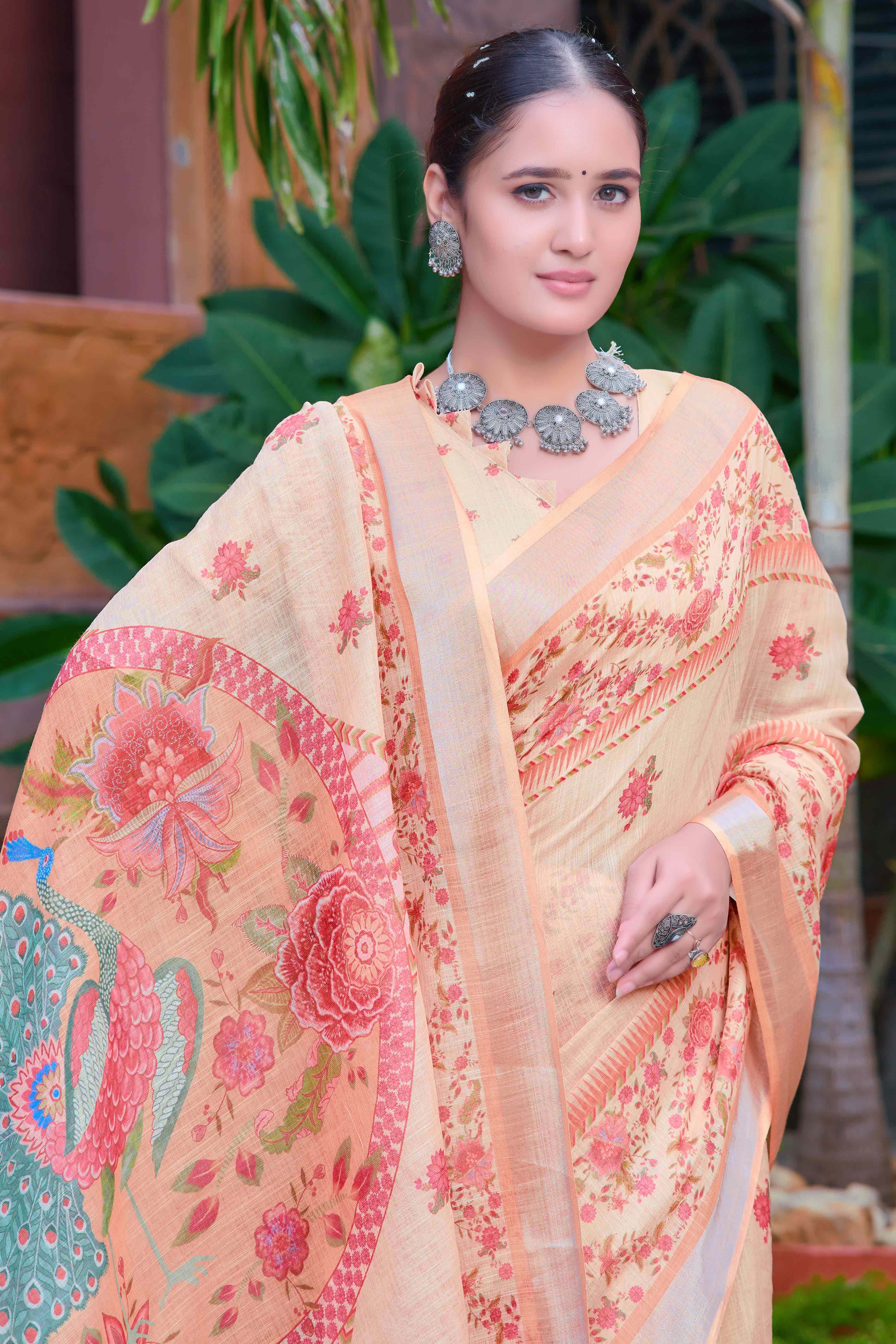 Light Peach Floral Printed Linen Saree