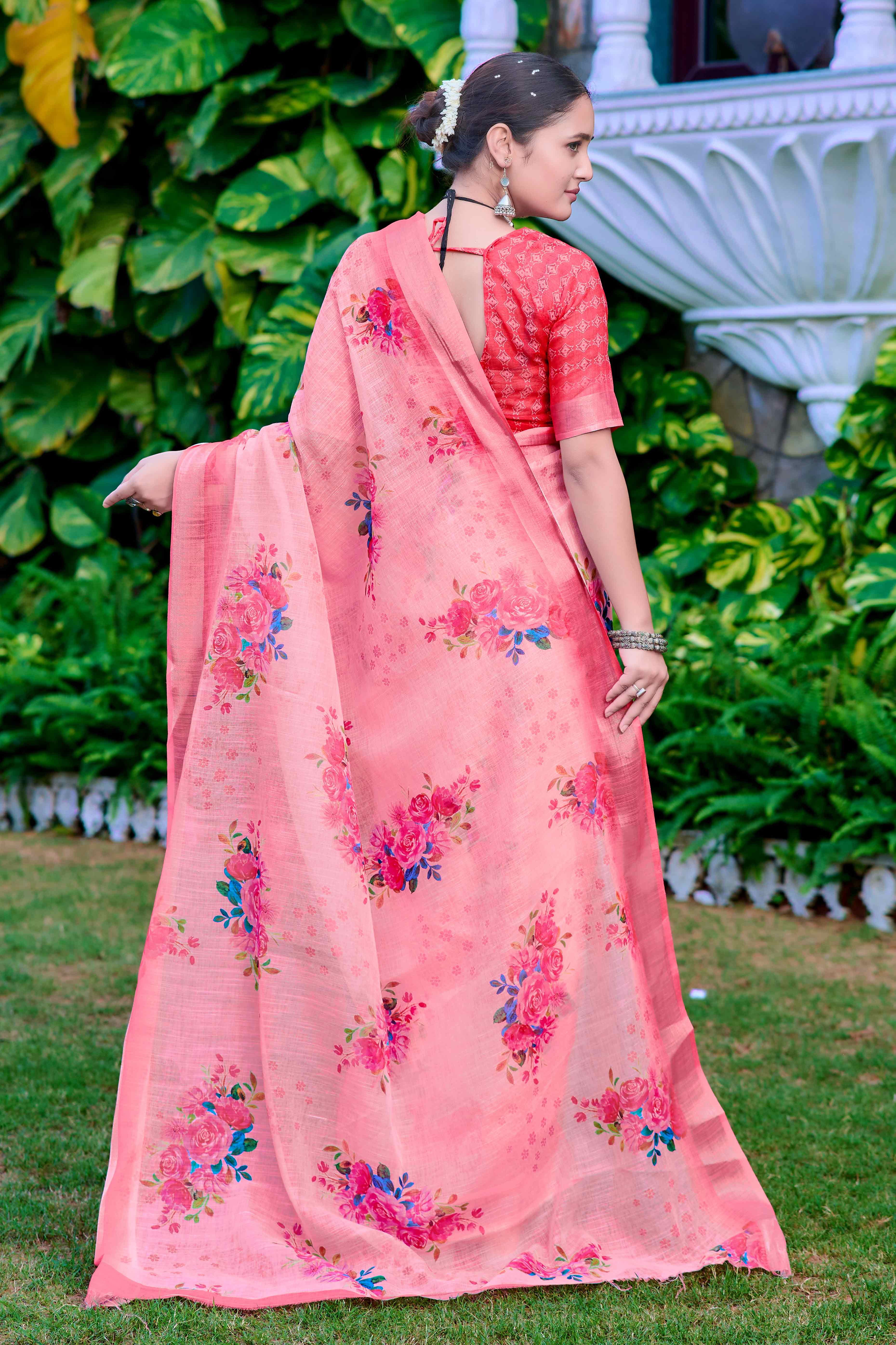 Peach Floral Printed Linen Saree