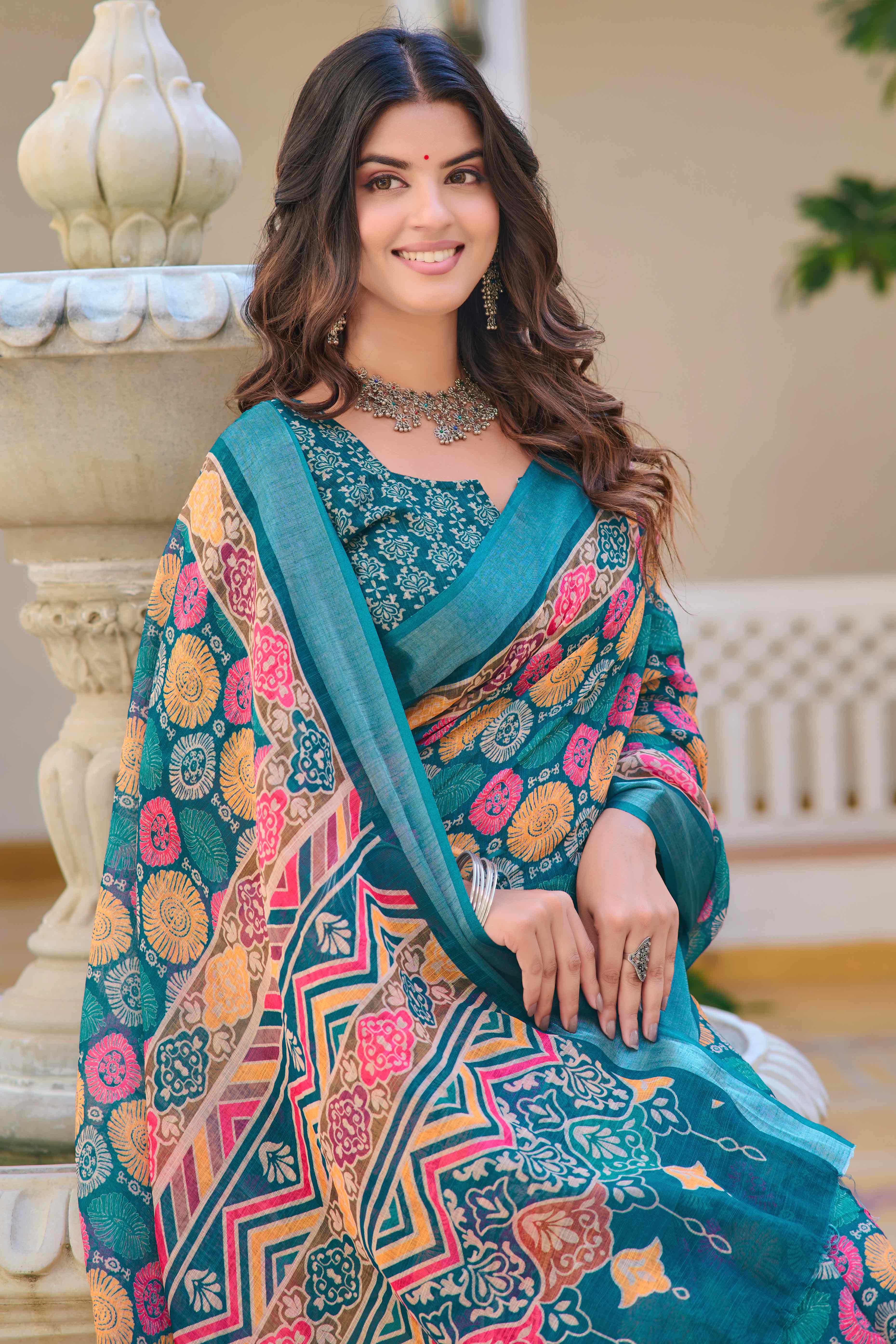 Teal Floral Printed Linen Saree