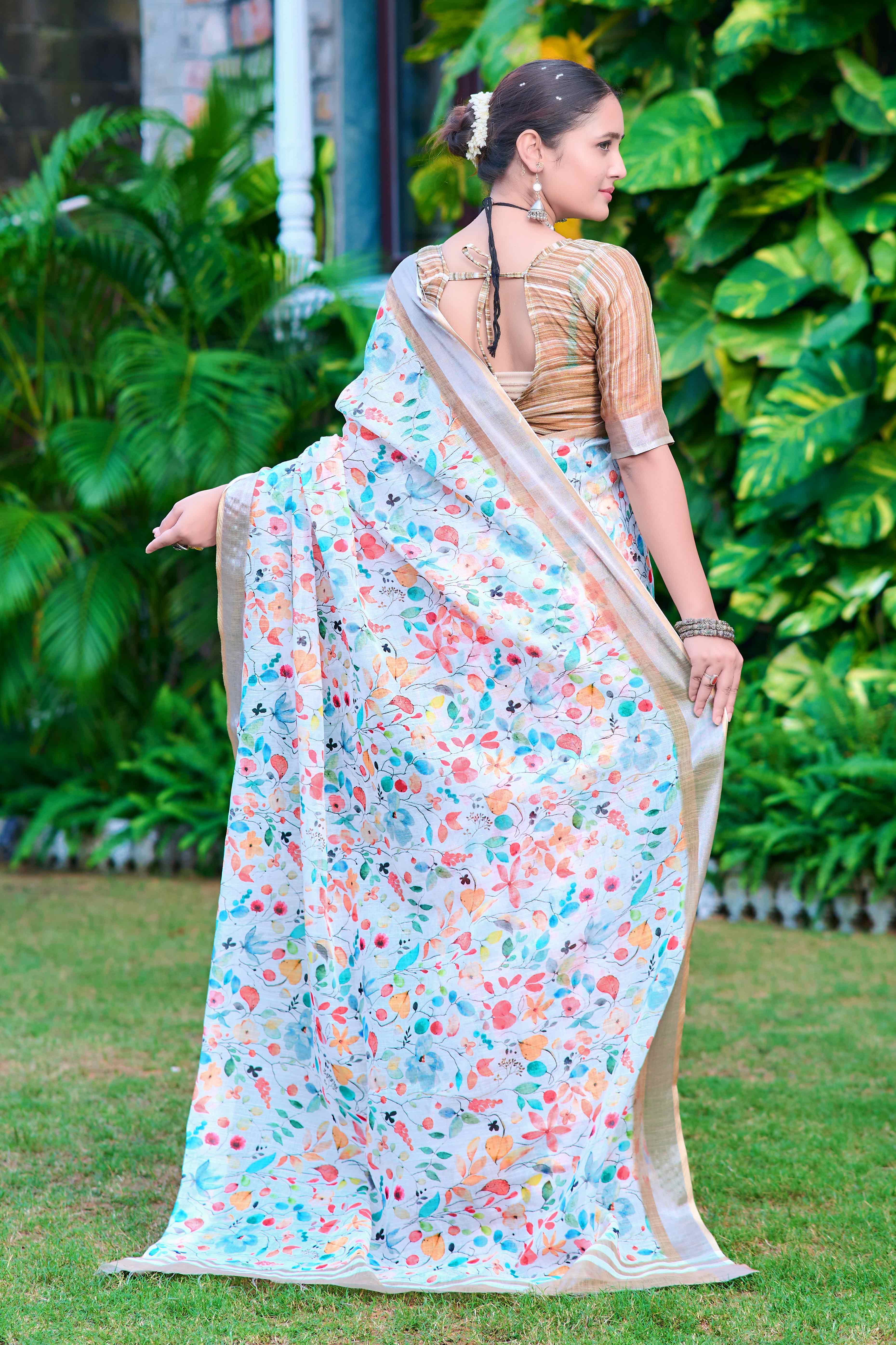 White & Blue Floral Printed Linen Saree