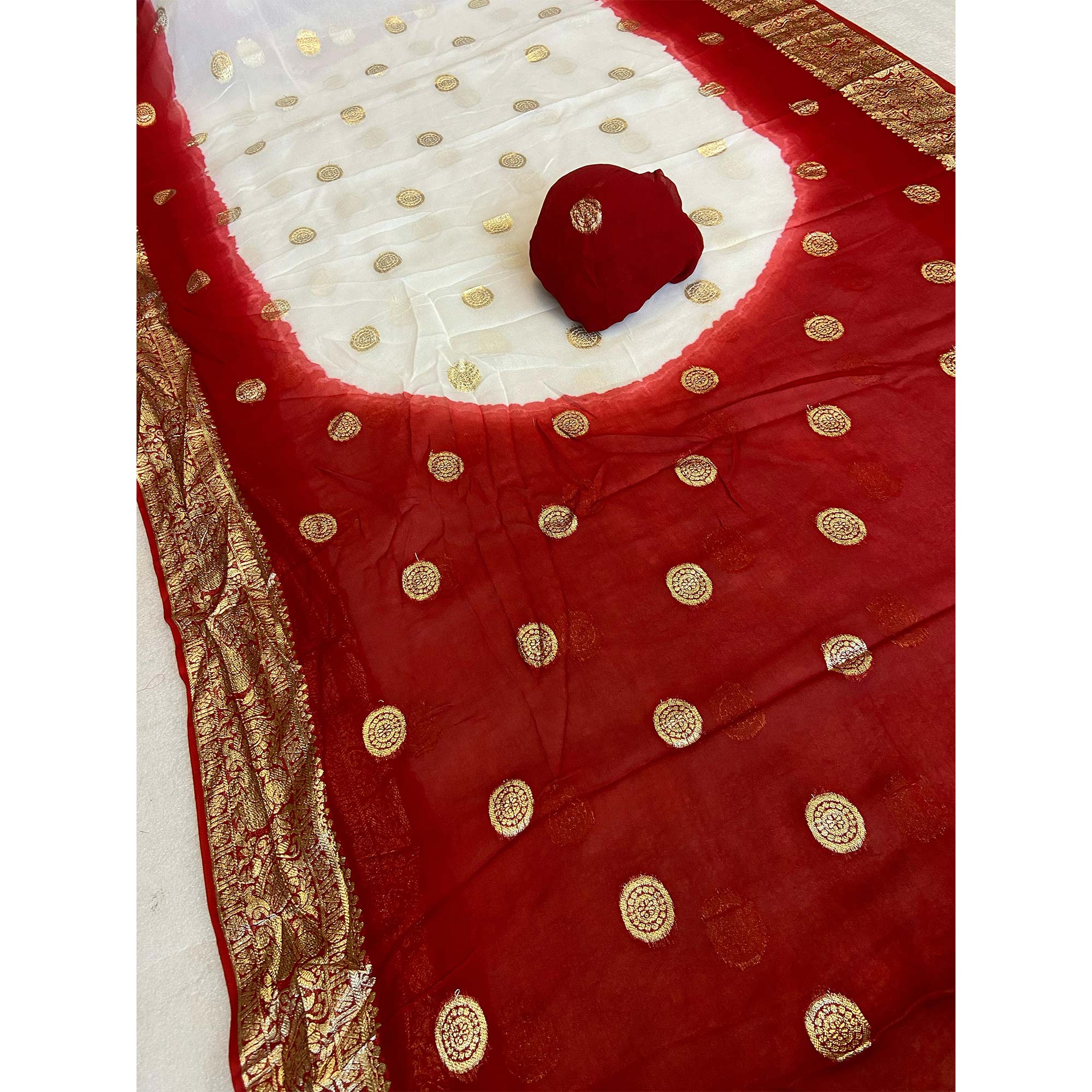 White & Dark Red Zari Weaving Pure Viscose Saree