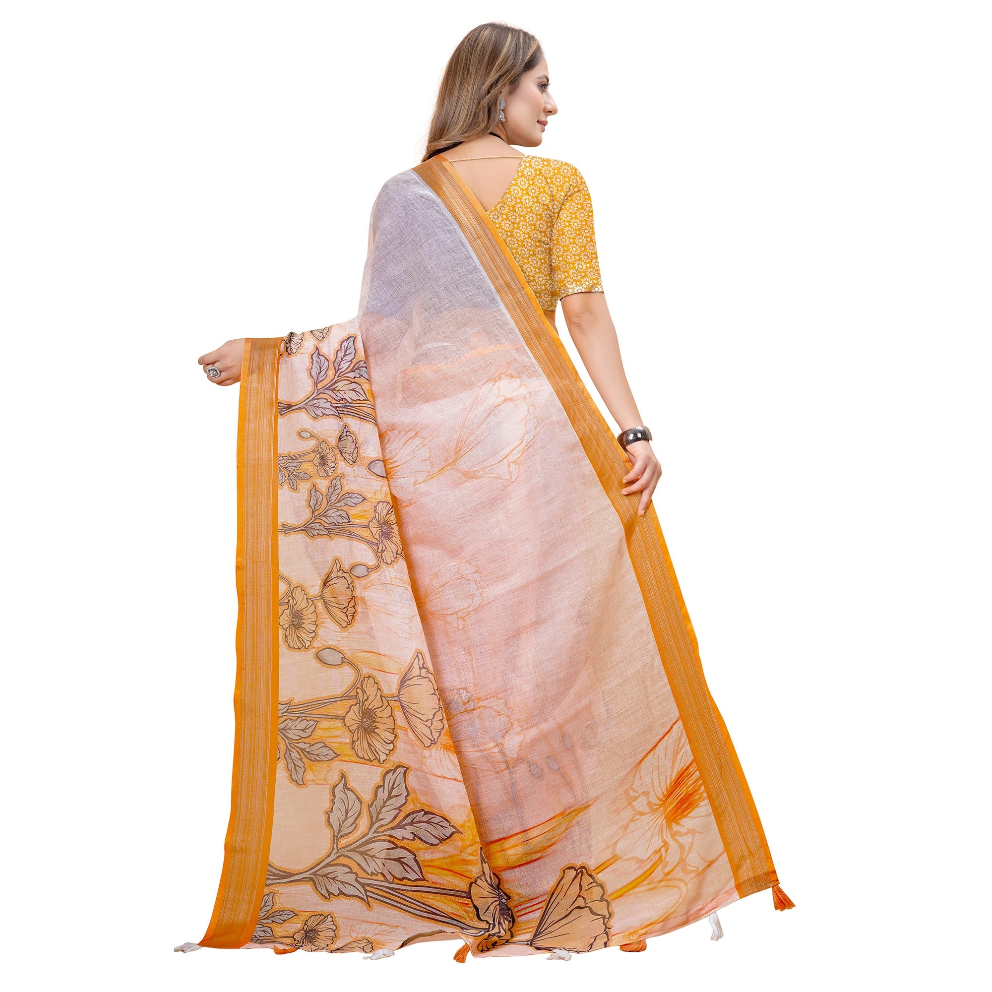 Yellow Printed Linen Saree