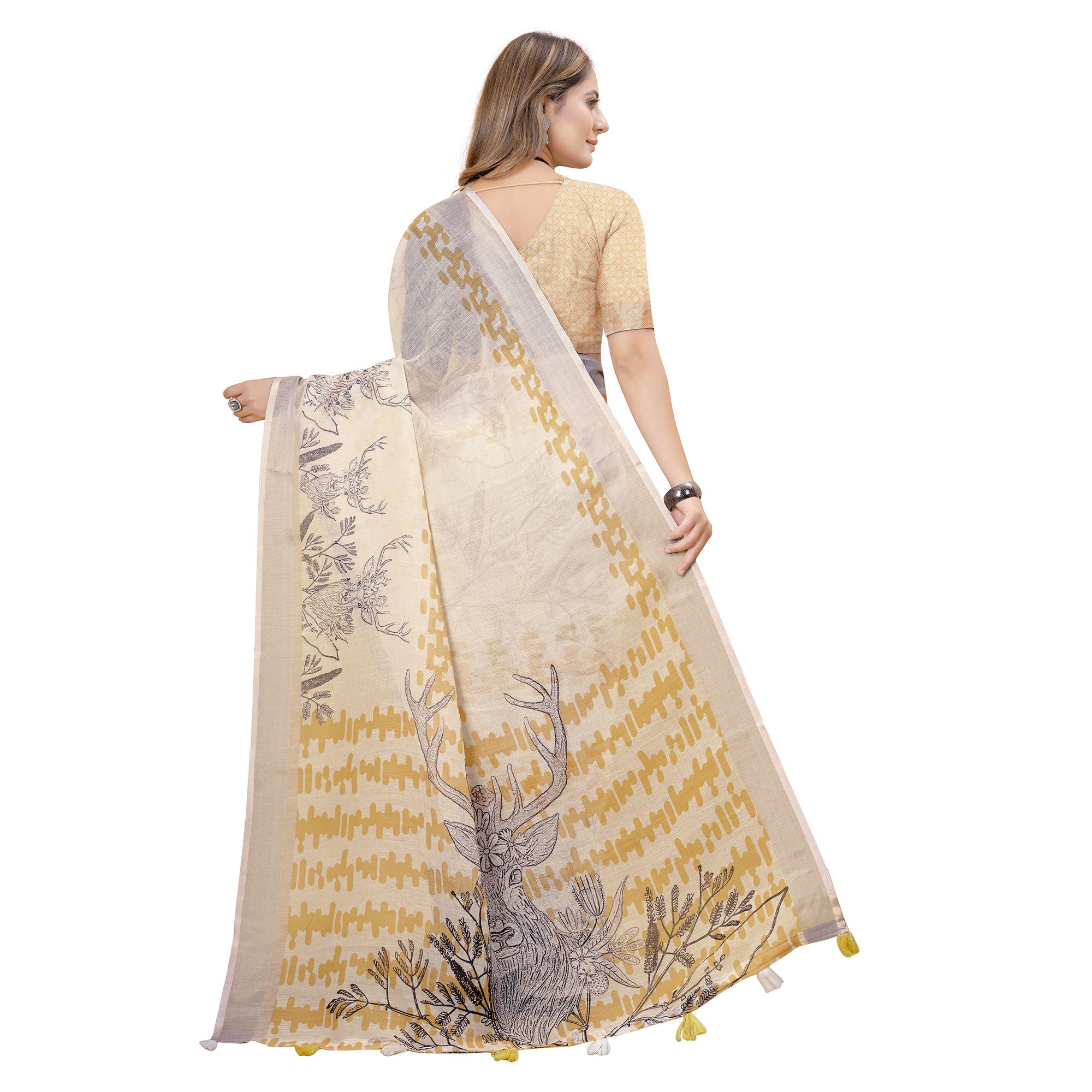 White Printed Linen Saree