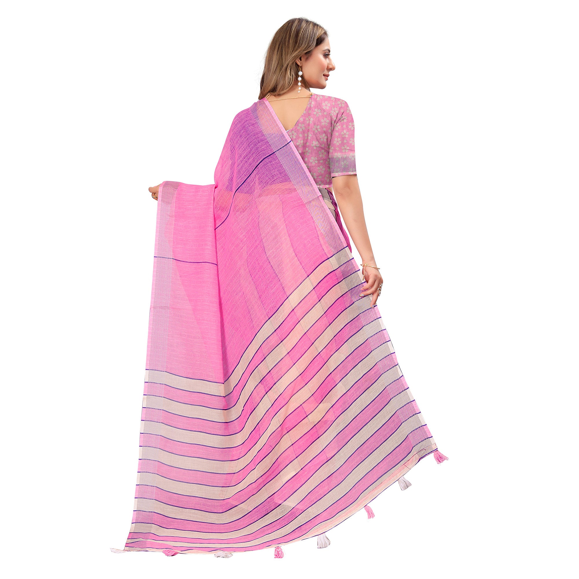 Pink Digital Print Linen Saree