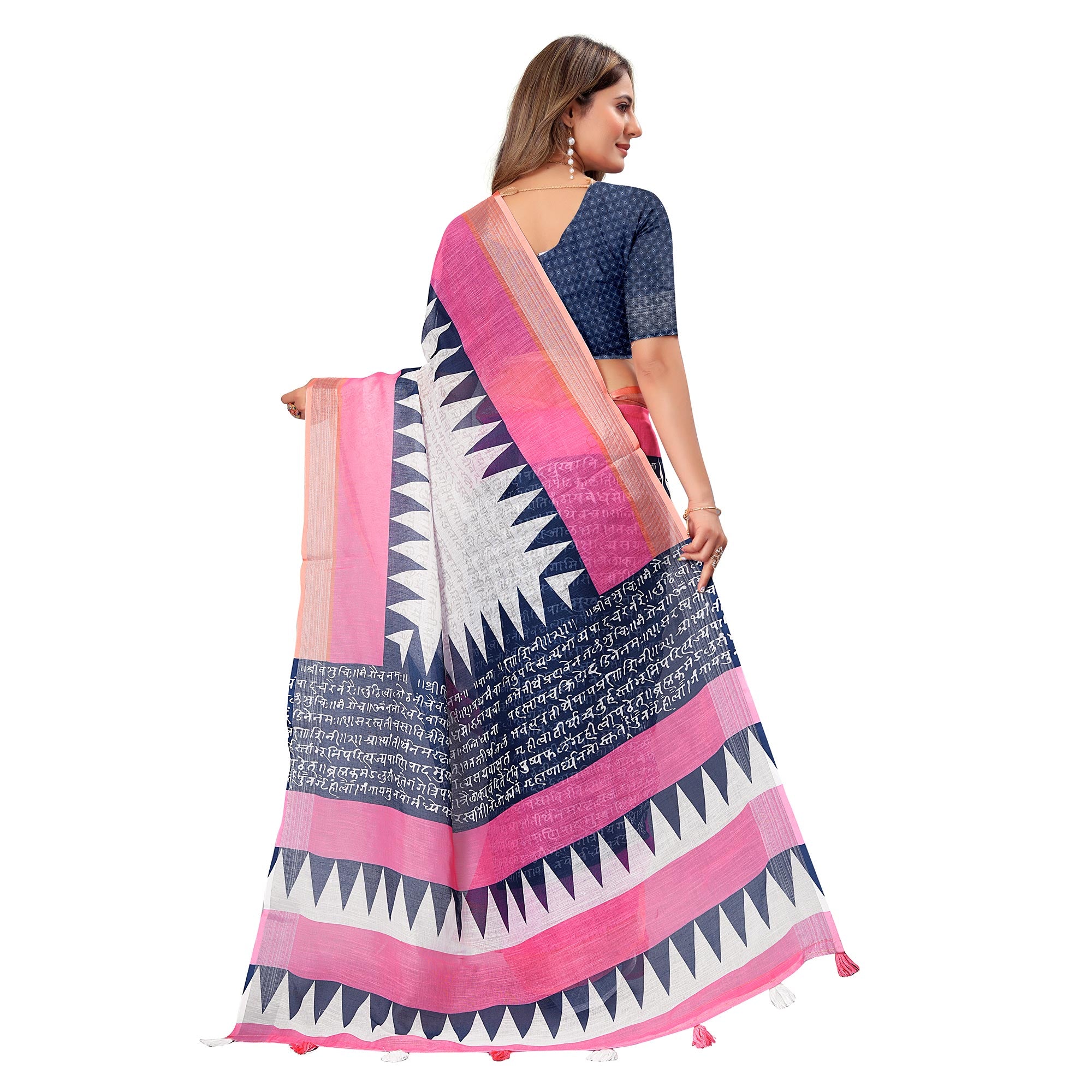 White & Pink Printed Linen Saree