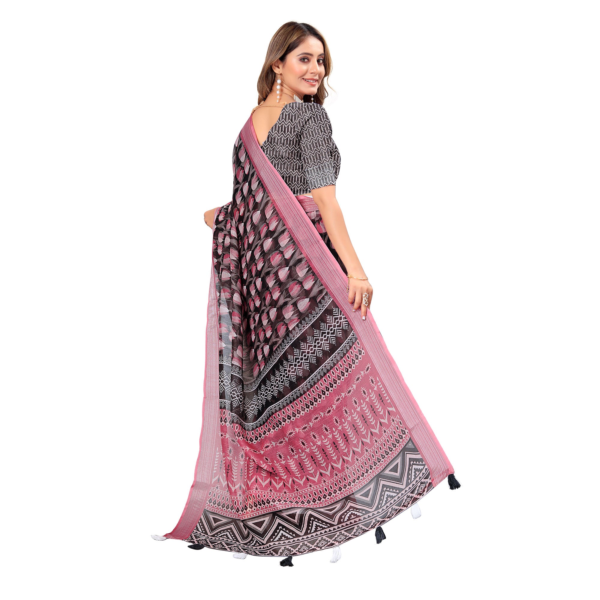 Black & Pink Printed Linen Saree