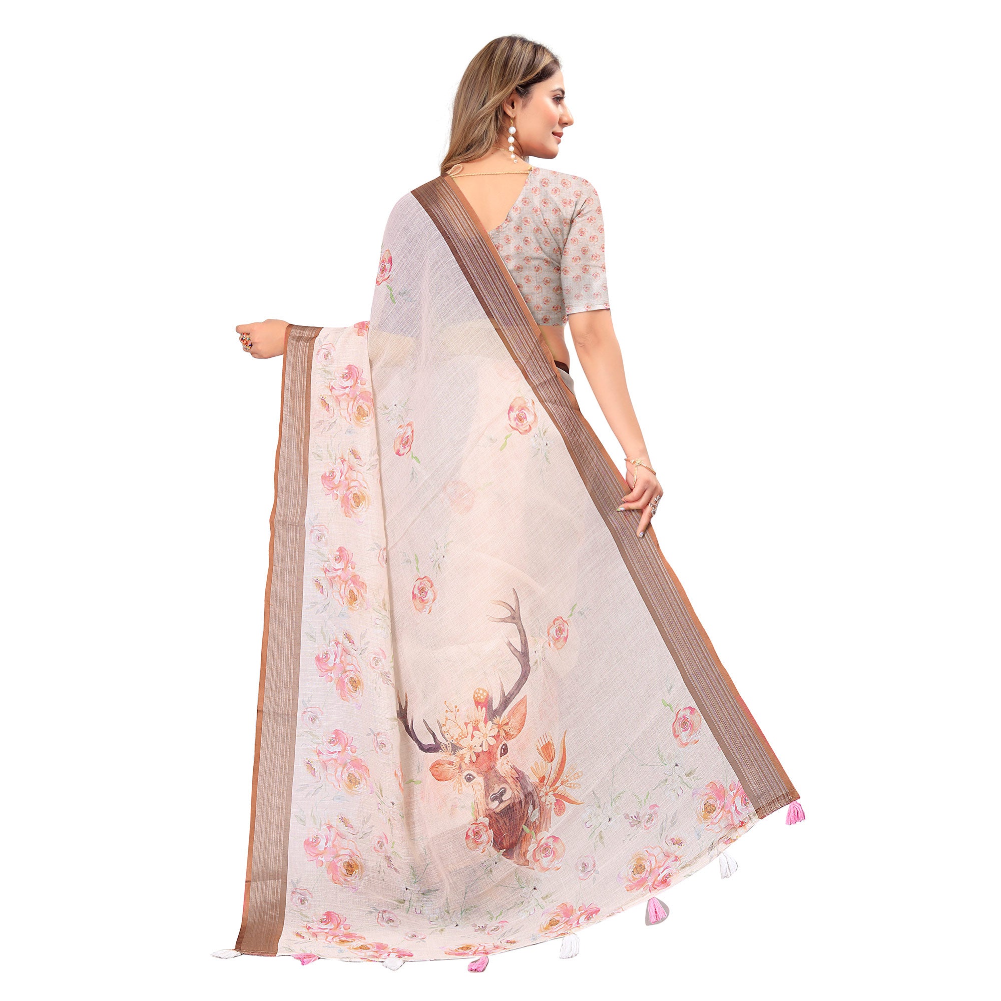 Cream Digital Print Linen Saree