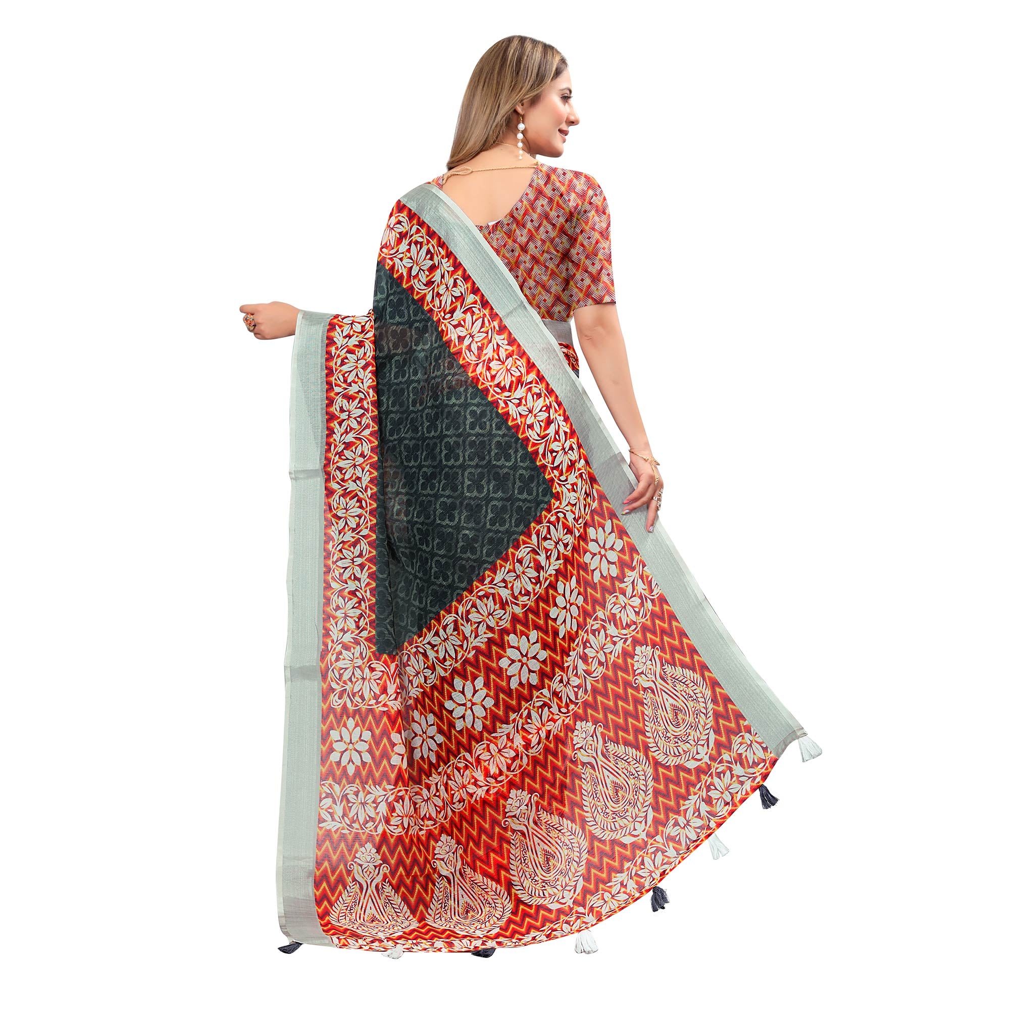 Grey Digital Print Linen Saree