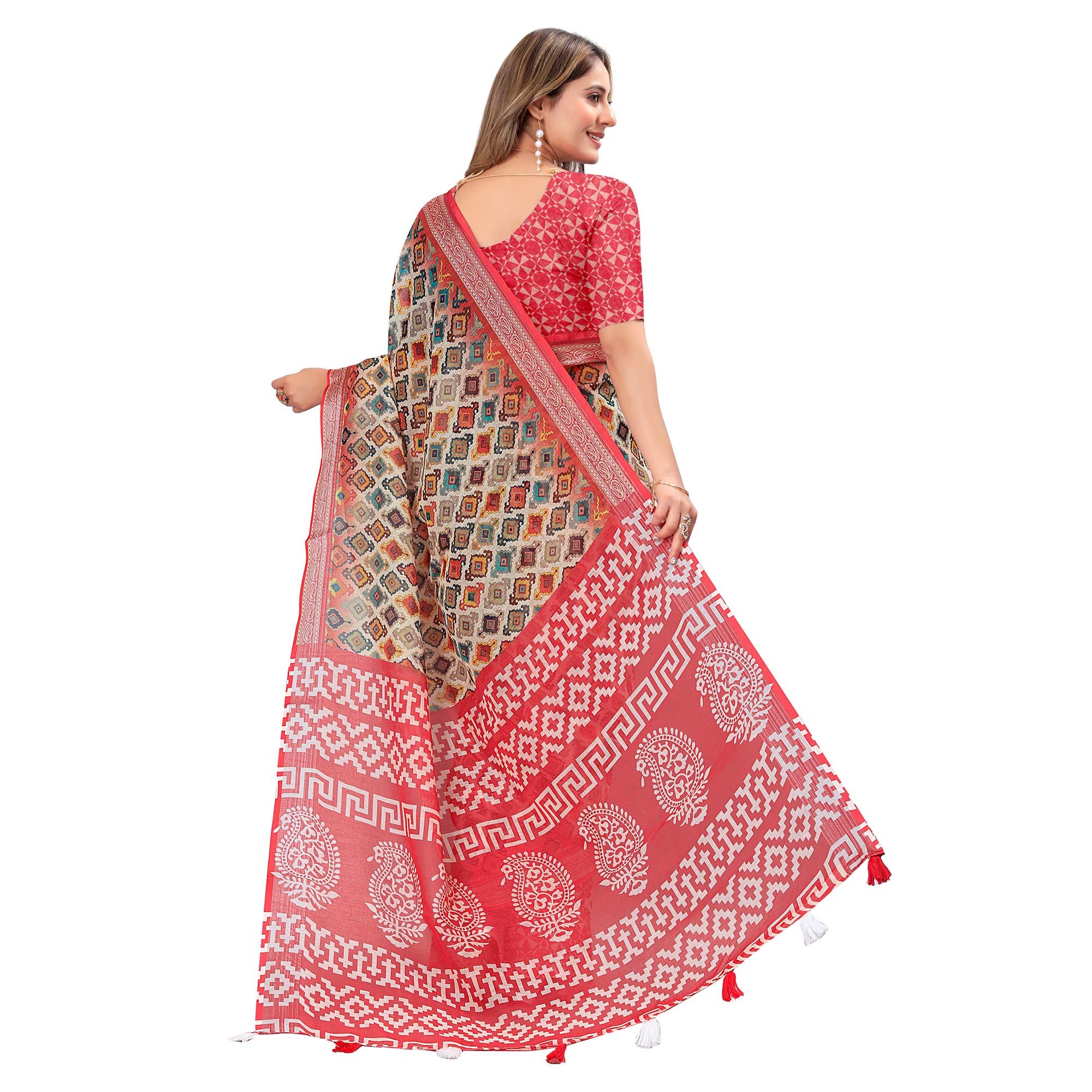 Red Printed Linen Saree