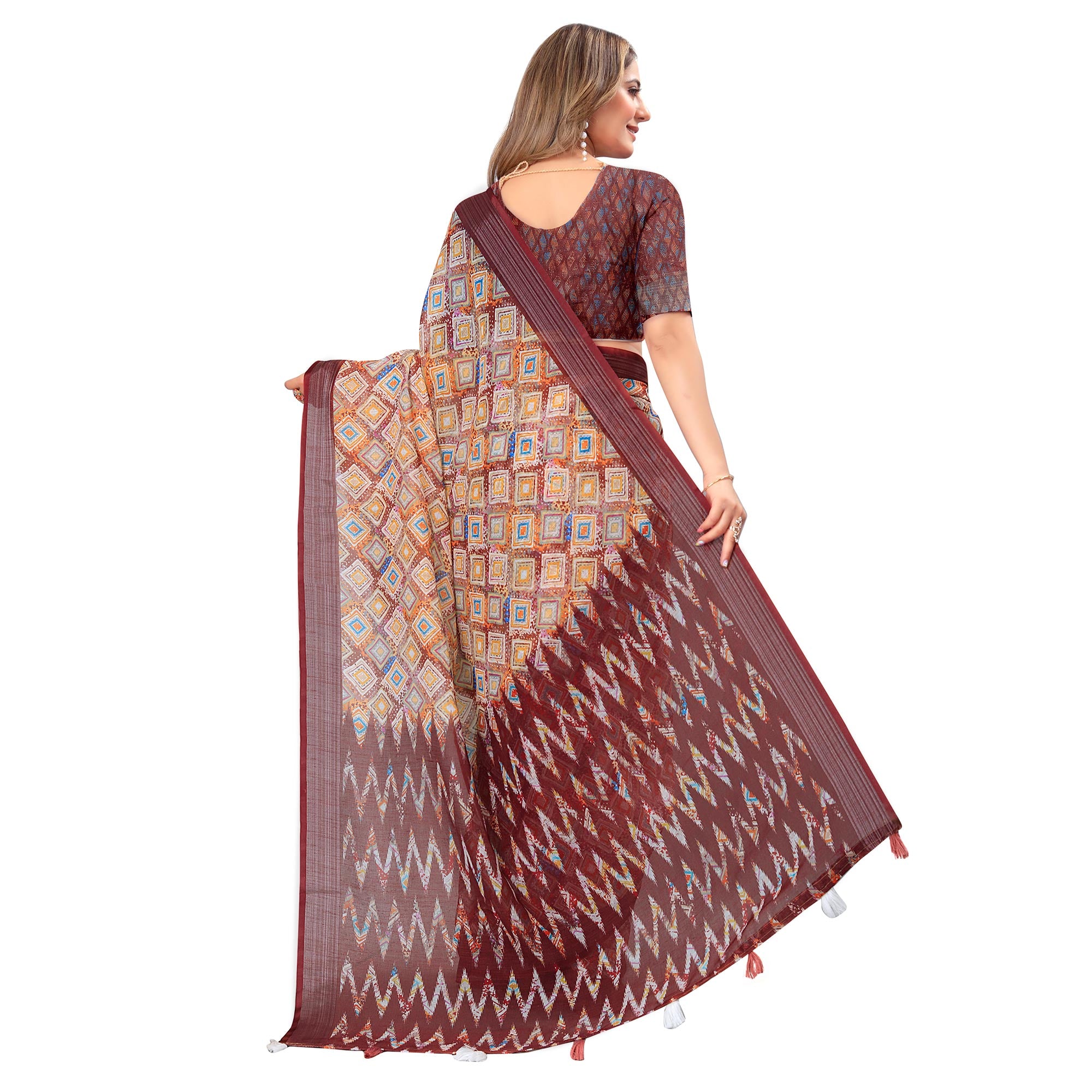 Maroon Printed Linen Saree