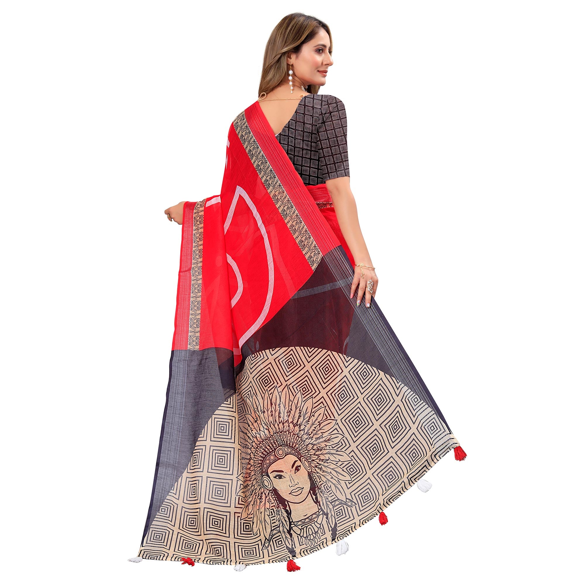 Red Printed Linen Saree