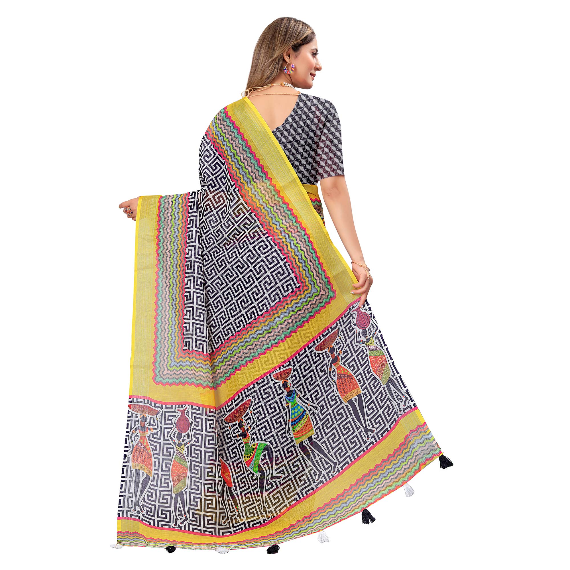 White & Yellow Printed Linen Saree