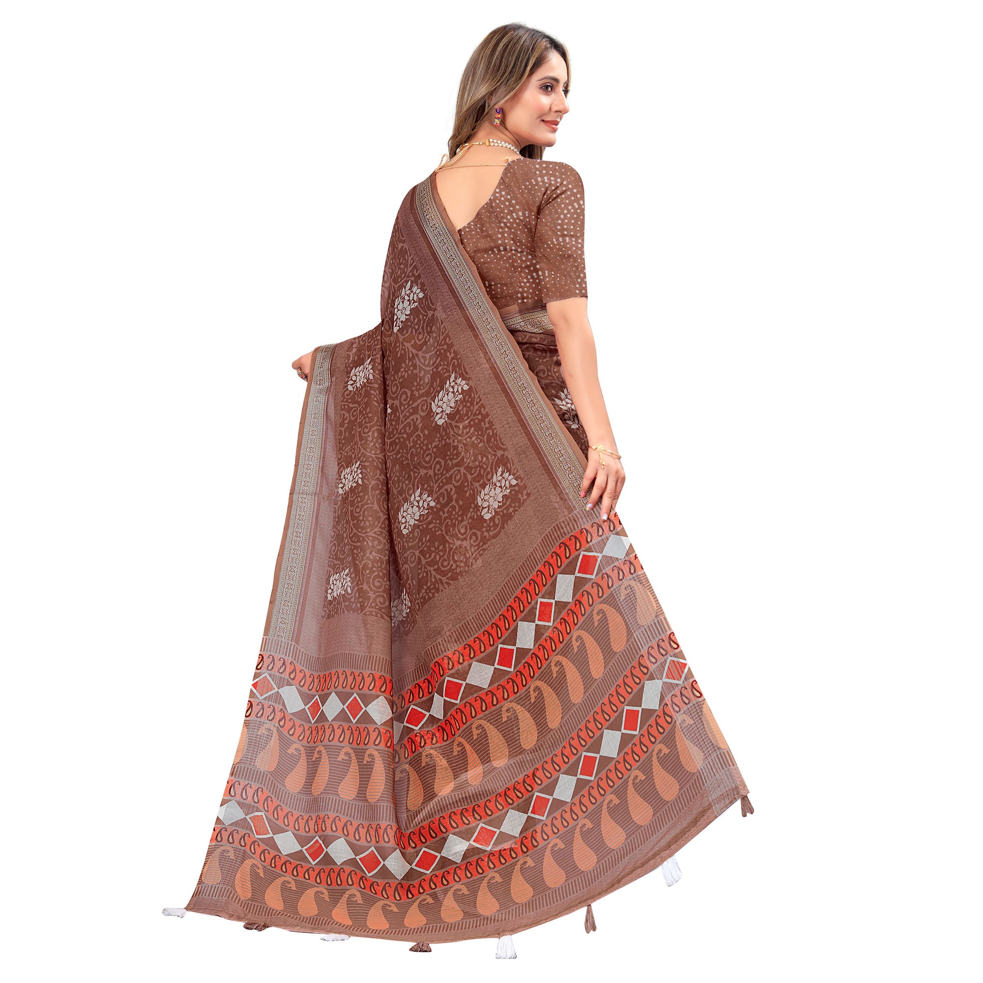 Brown Printed Linen Saree