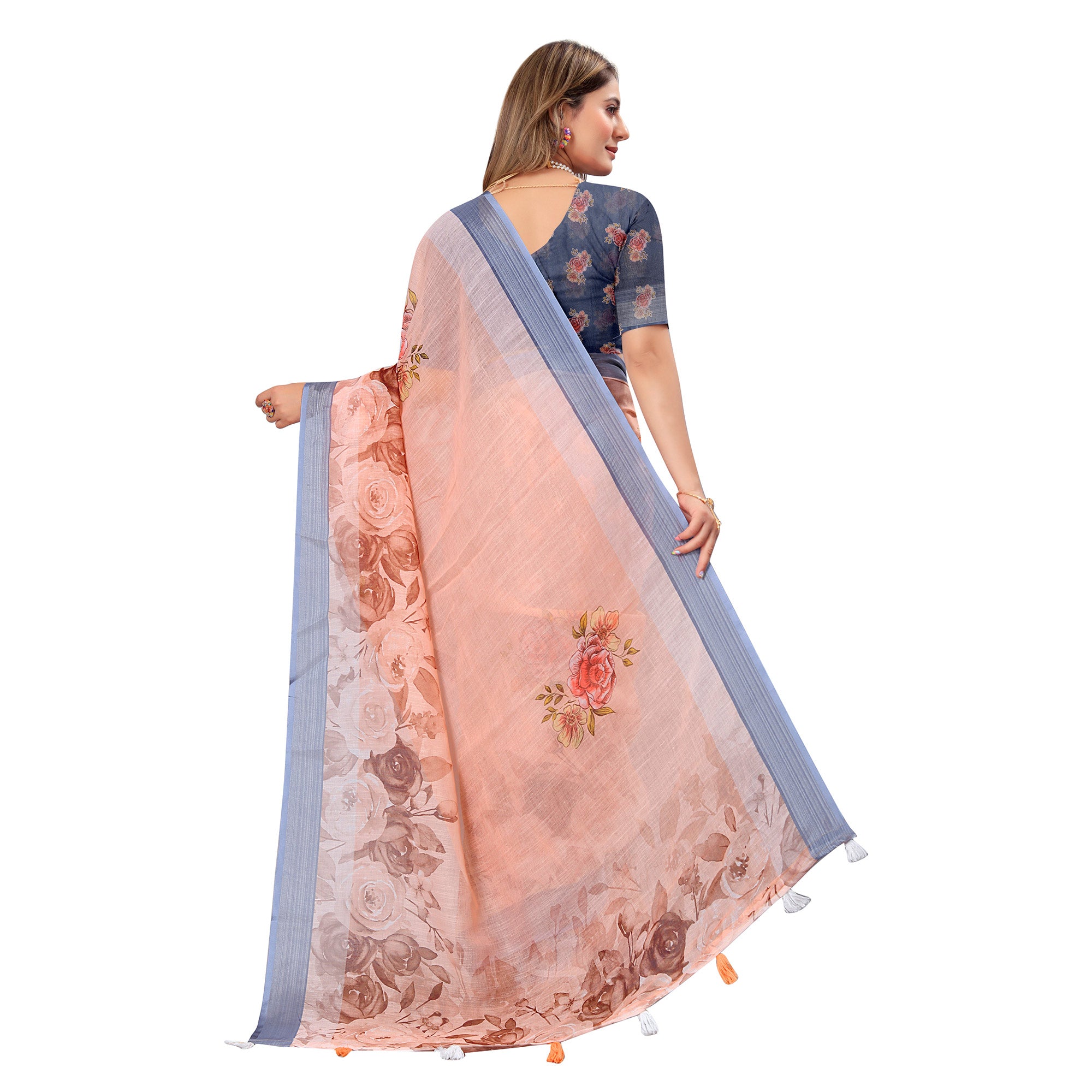 Peach Printed Linen Saree