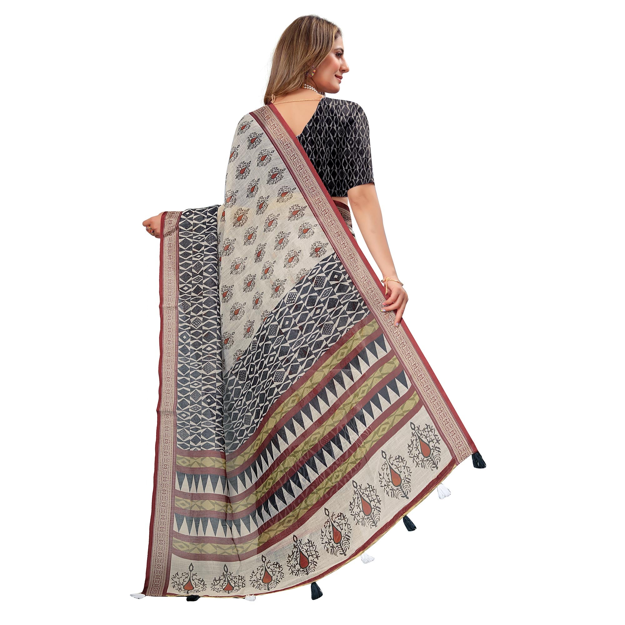 Off White Printed Linen Saree