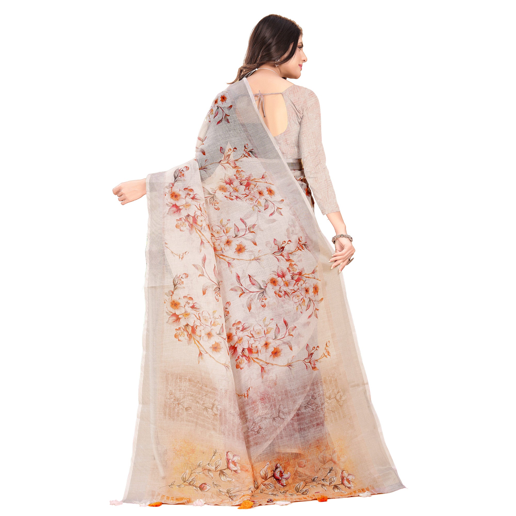 Cream Printed Linen Saree