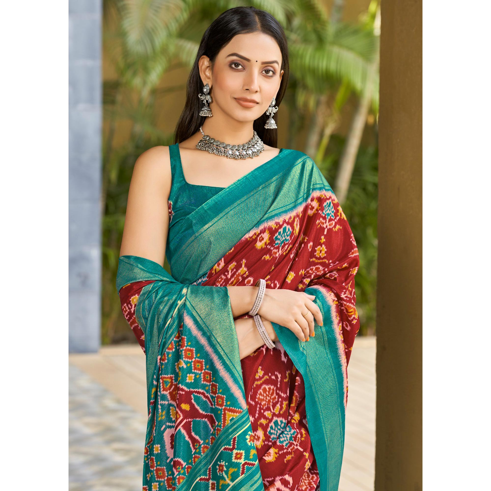 Red & Rama Blue Patola Printed Dola Silk Saree