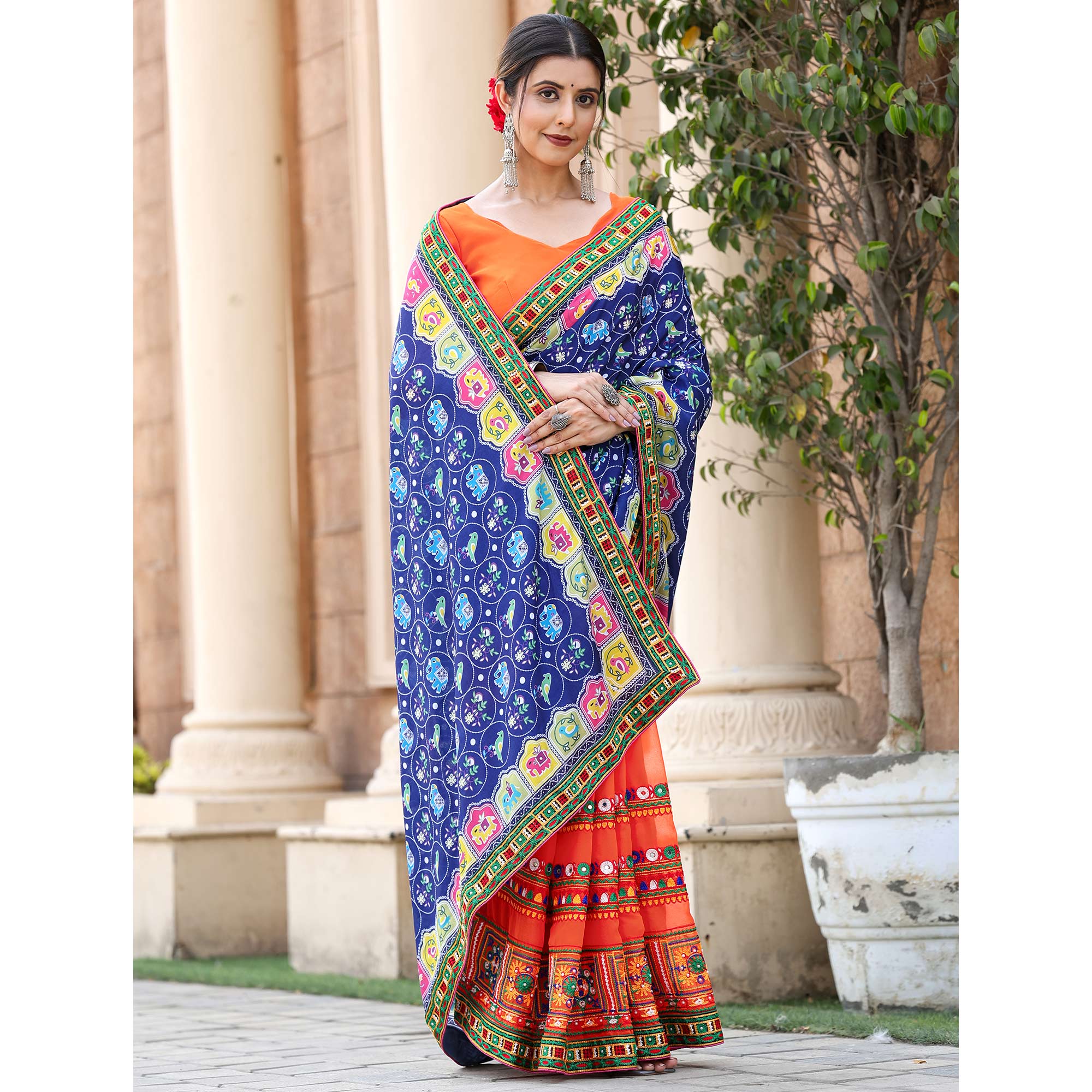 Orange & Blue Patola Print With Embroidered Georgette Half & Half Saree