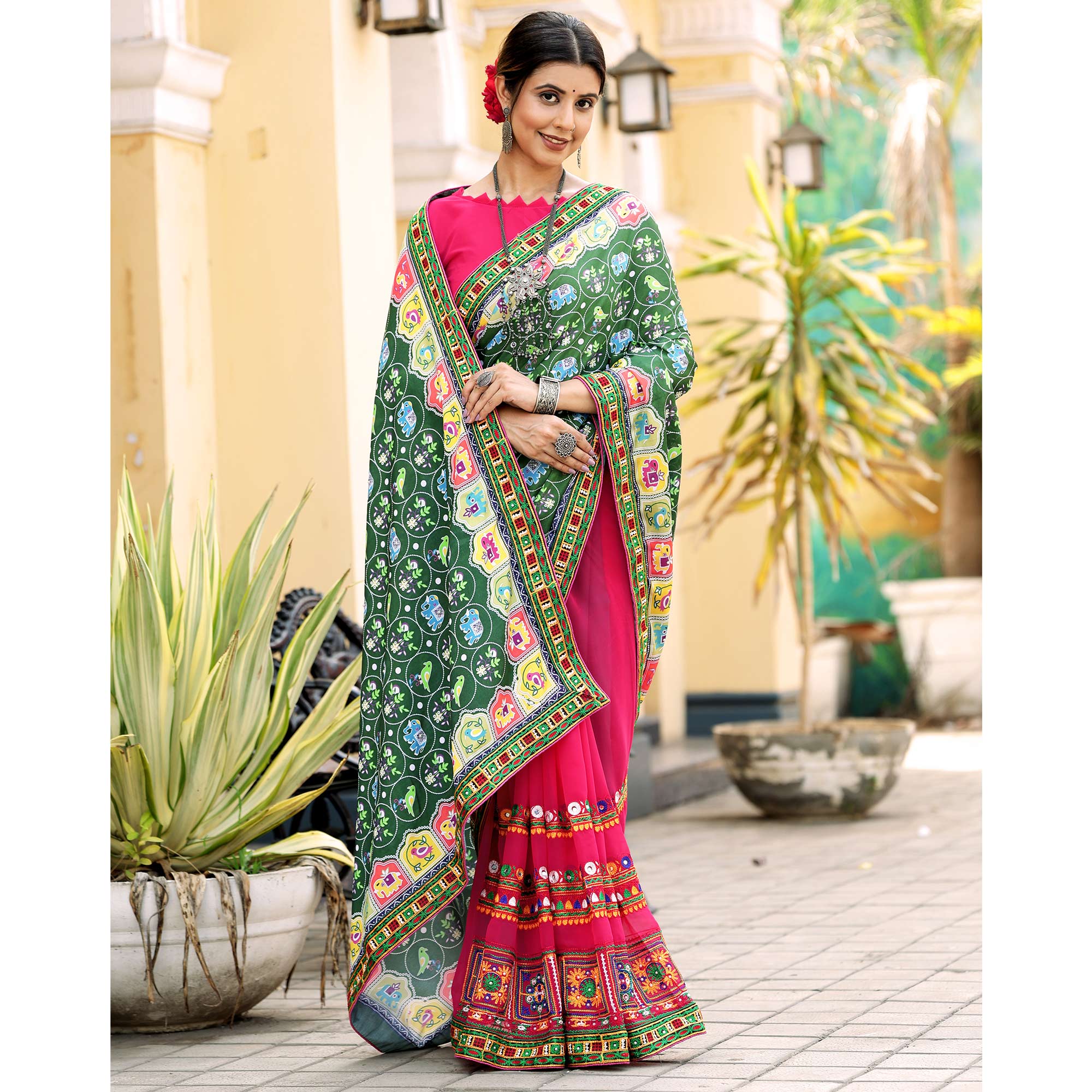 Pink & Green Patola Print With Embroidered Georgette Half & Half Saree