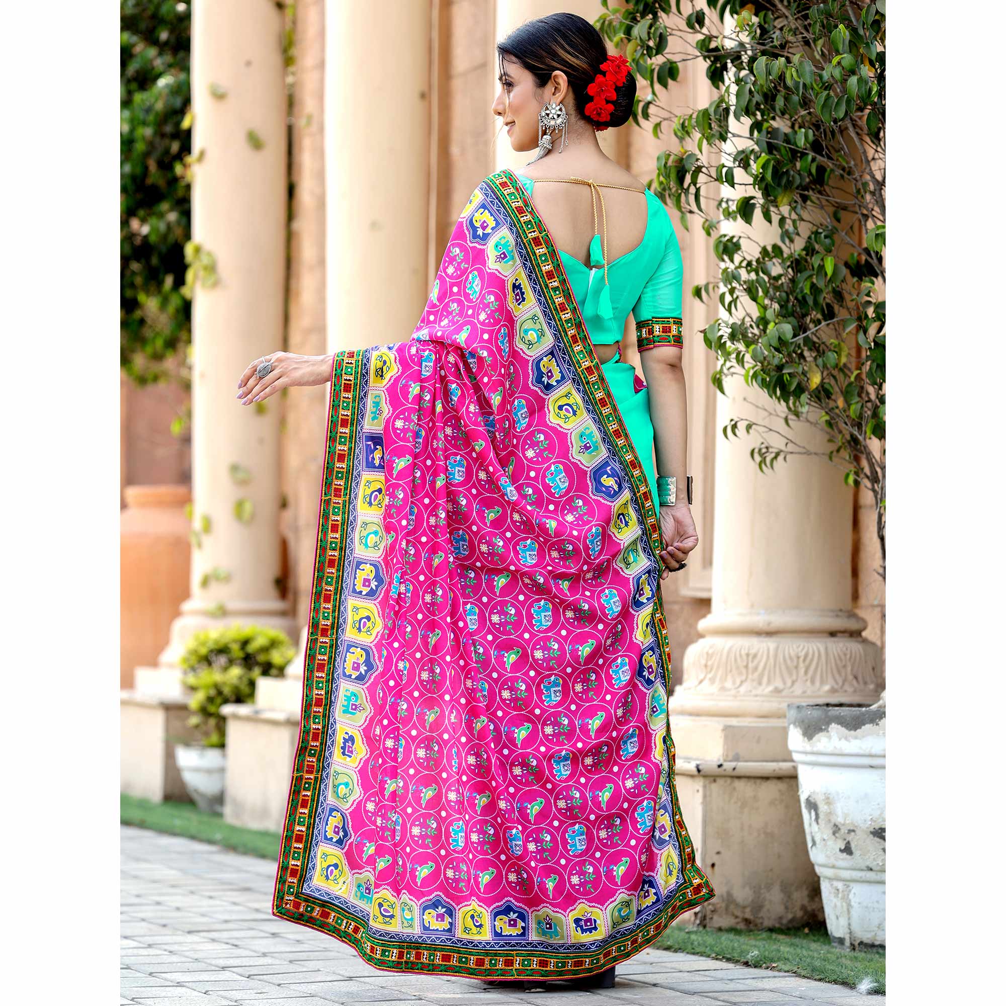 Turquoise & Pink Patola Print With Embroidered Georgette Half & Half Saree