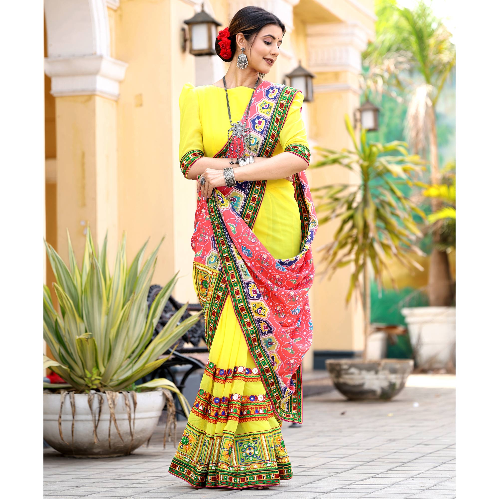 Yellow & Pink Patola Print With Embroidered Georgette Half & Half Saree