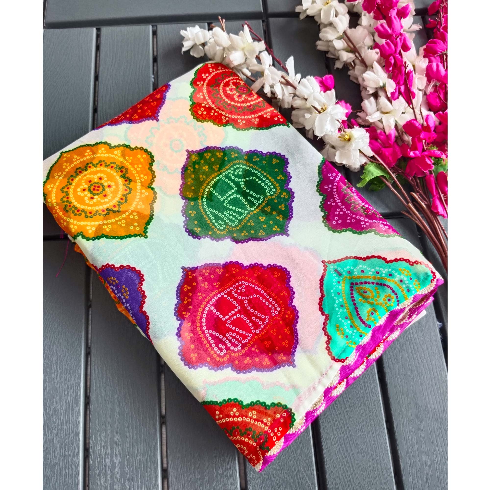 White Georgette Saree with Traditional Bandhani Prints